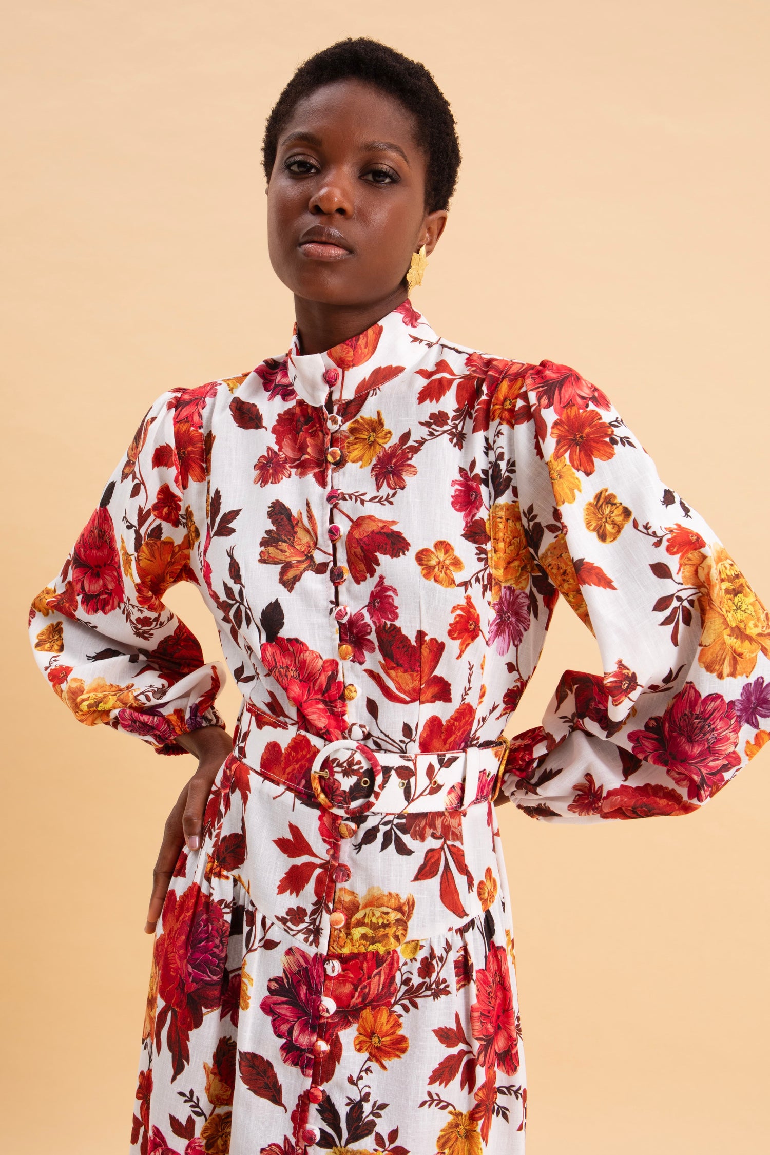 SPRING BOUQUET MIDI LINEN DRESS WITH BELT