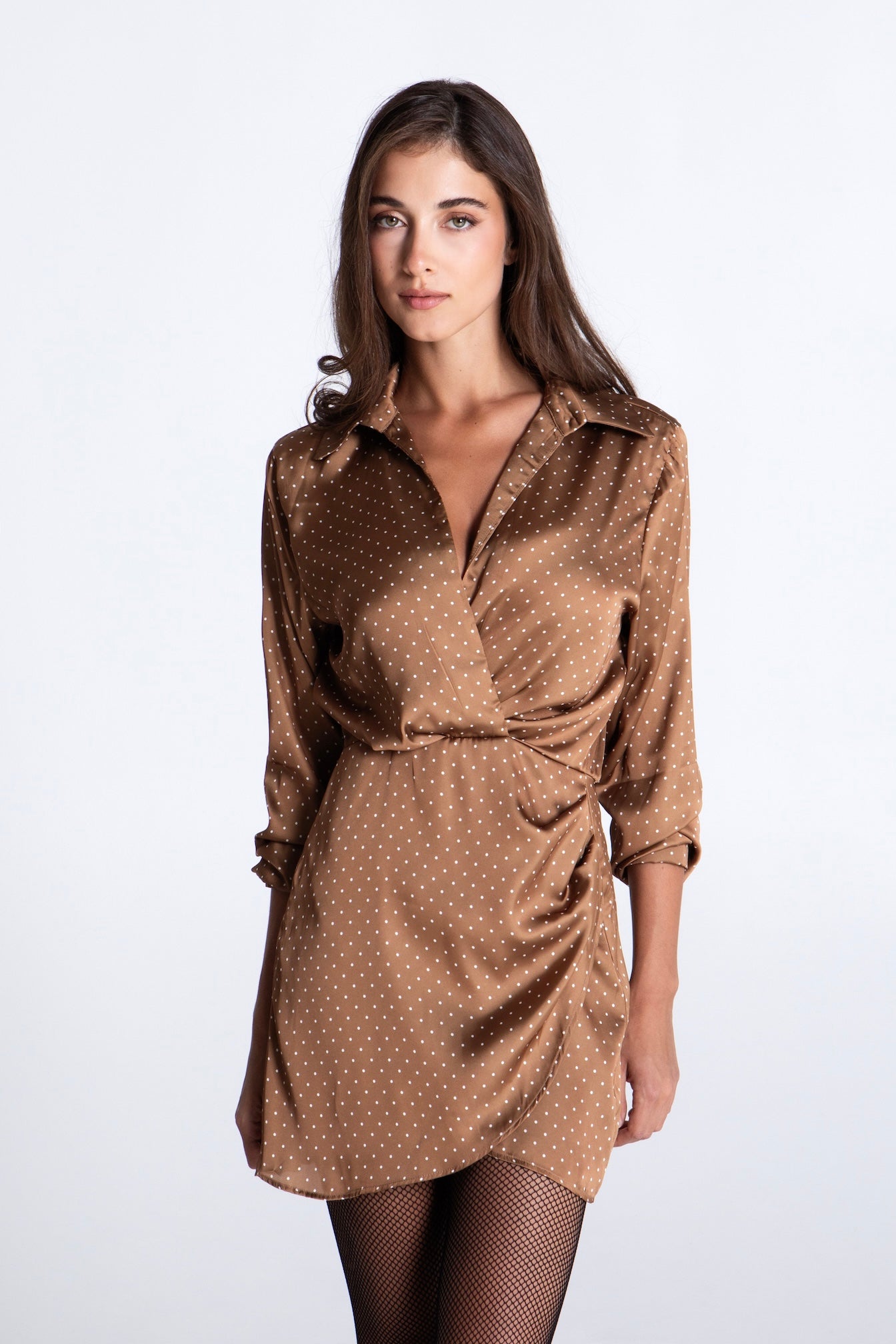CARAMEL POLKA DOTS MINI SATIN DRESS