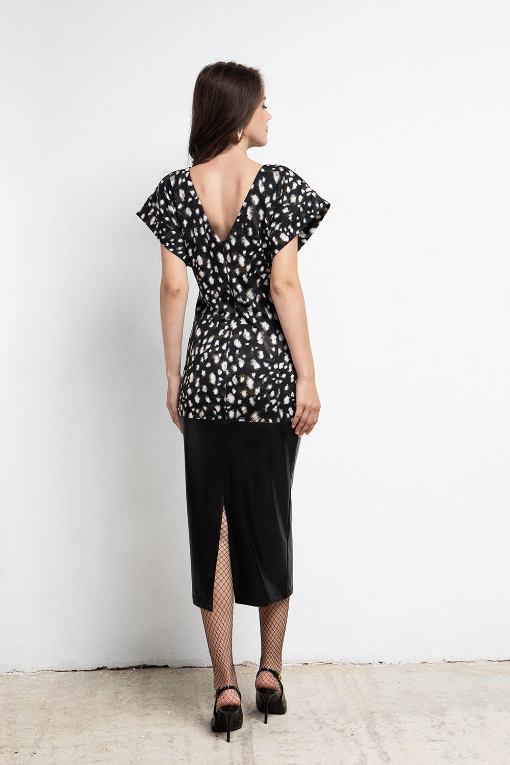 BLACK BAMBI PRINT FAUX LEATHER MIDI DRESS