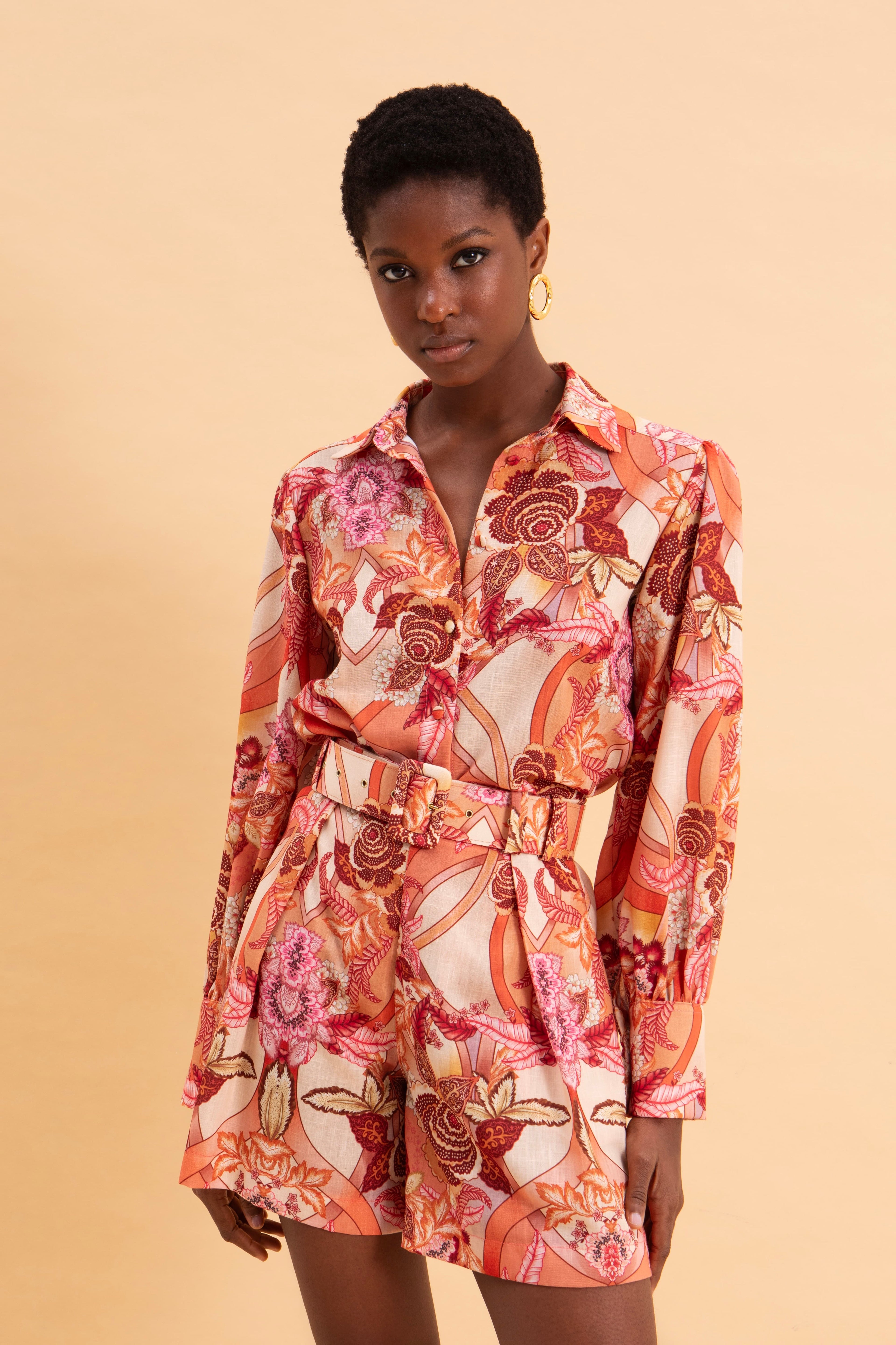 FLORAL SAFARI HIGH WAISTED LINEN SHORTS WITH BELT