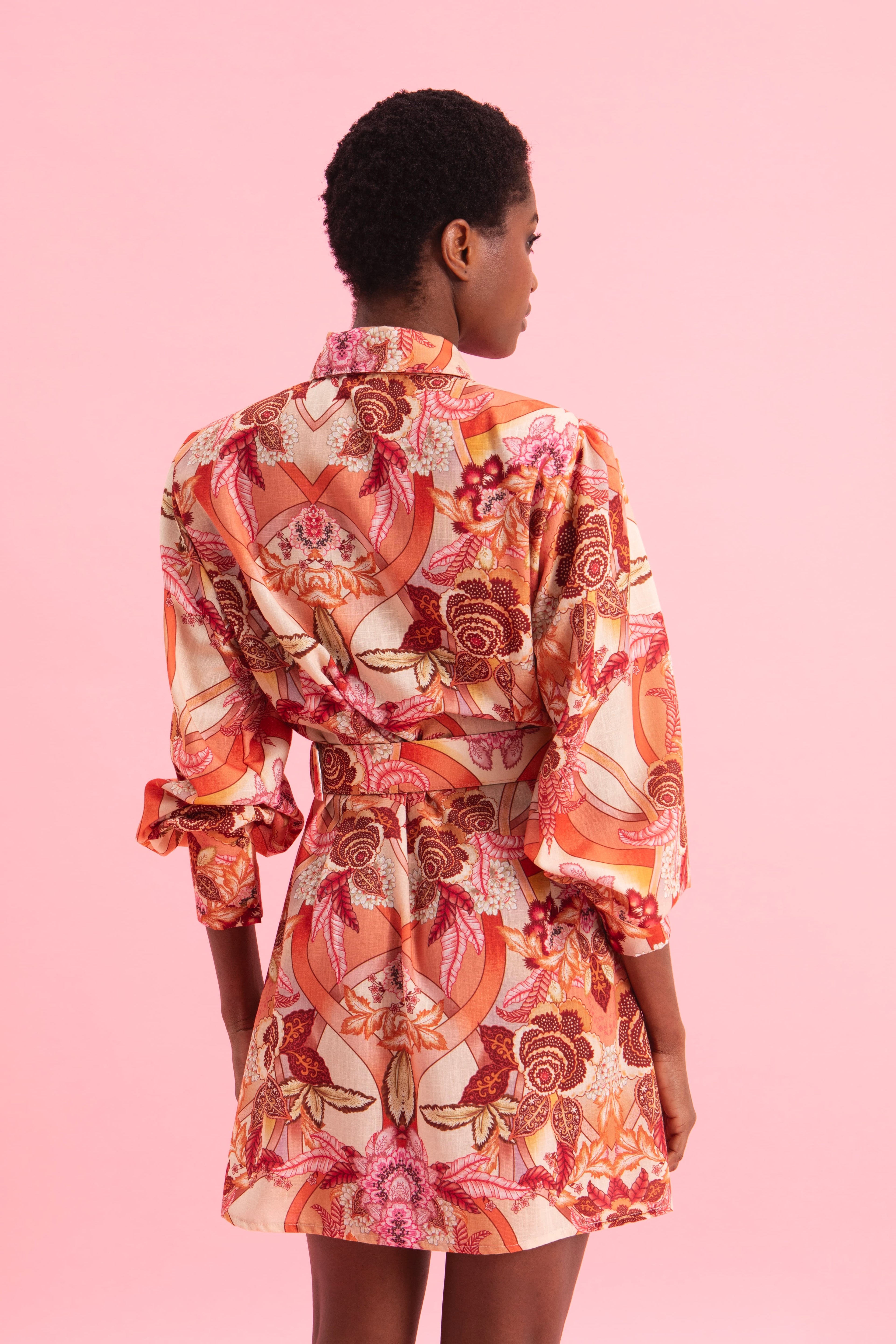 FLORAL SAFARI MINI LINEN DRESS WITH BELT