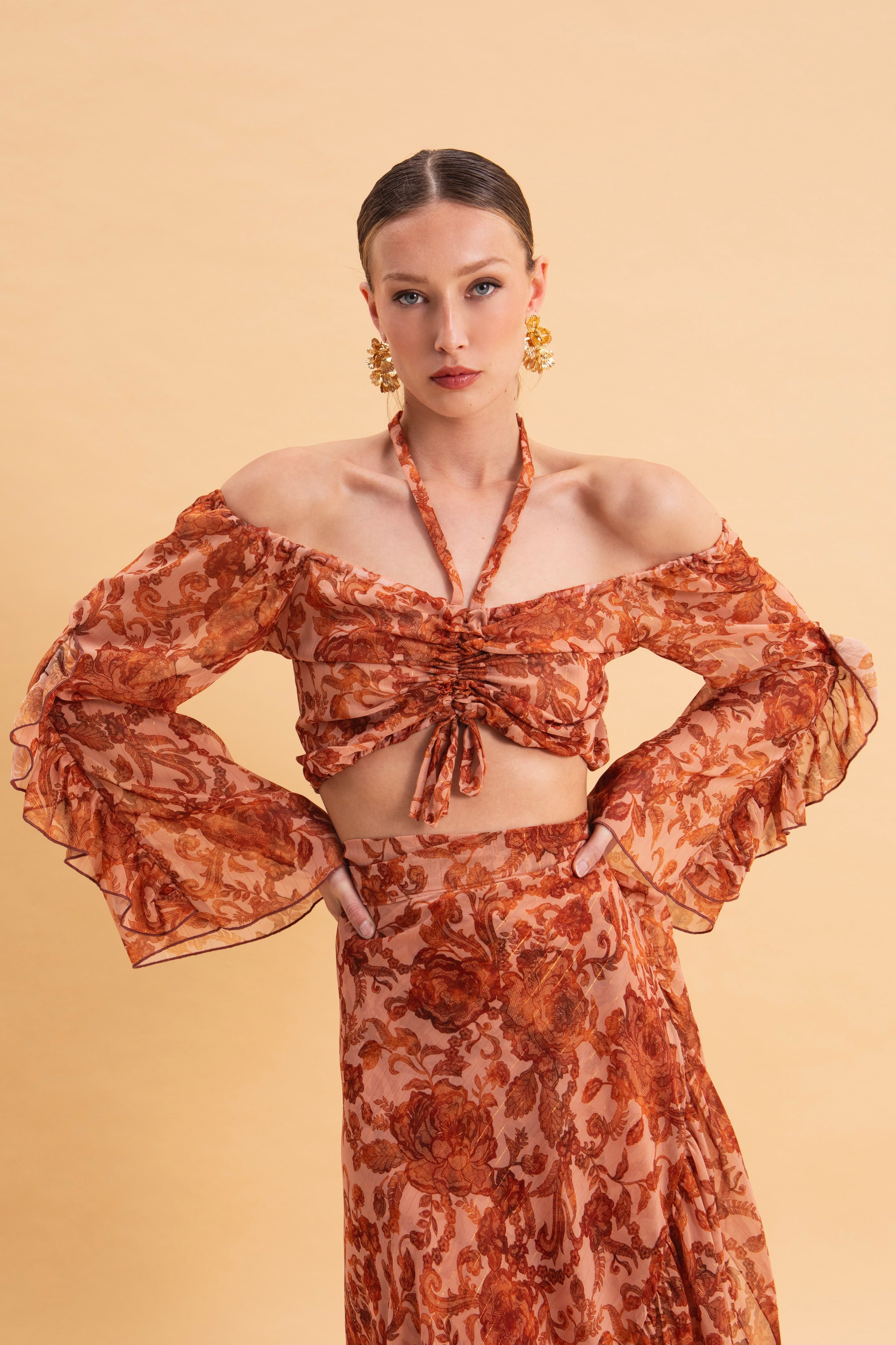 CINNAMON BLOOMS MAXI WRAP SKIRT WITH GOLD DETAILS