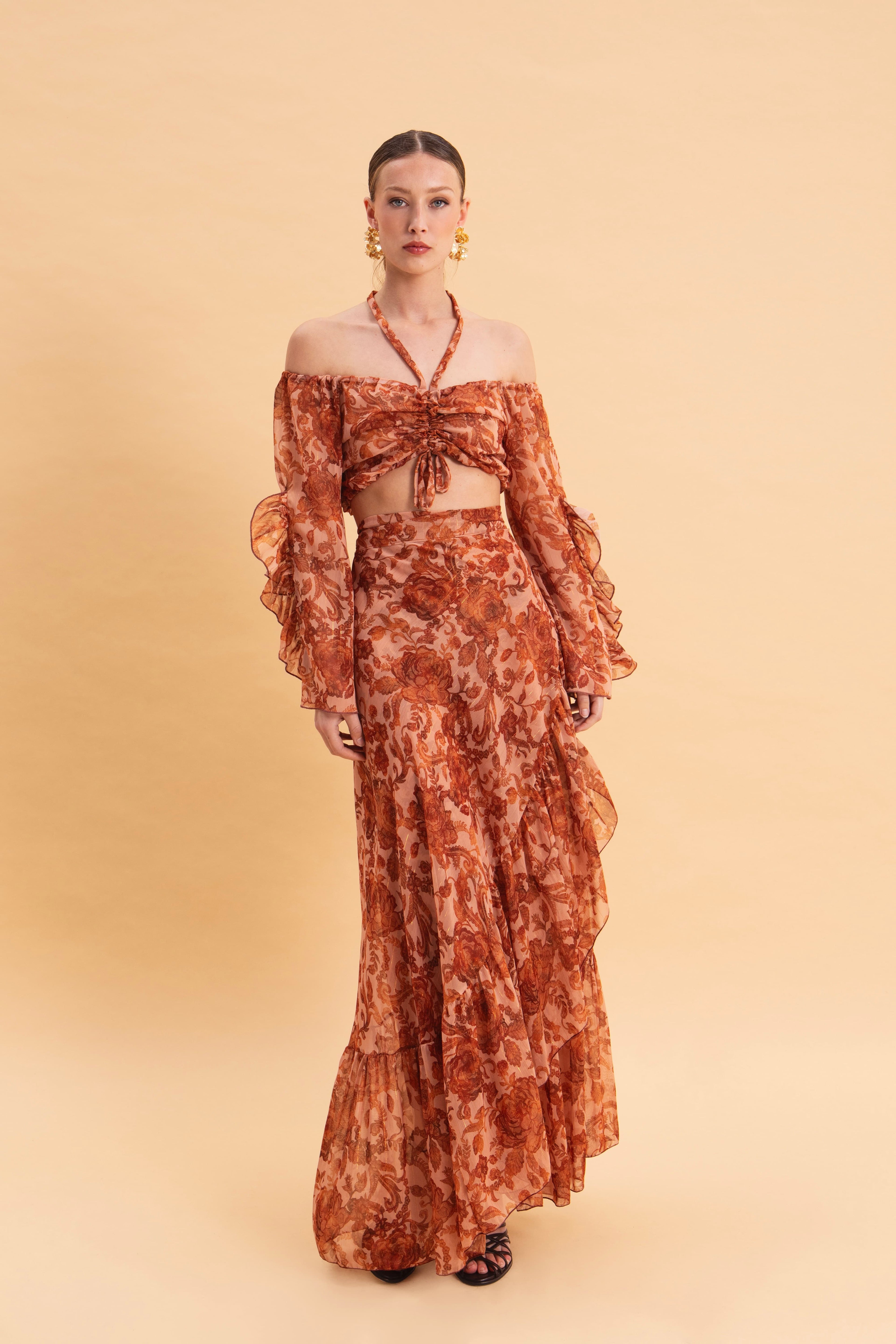CINNAMON BLOOMS MAXI WRAP SKIRT WITH GOLD DETAILS