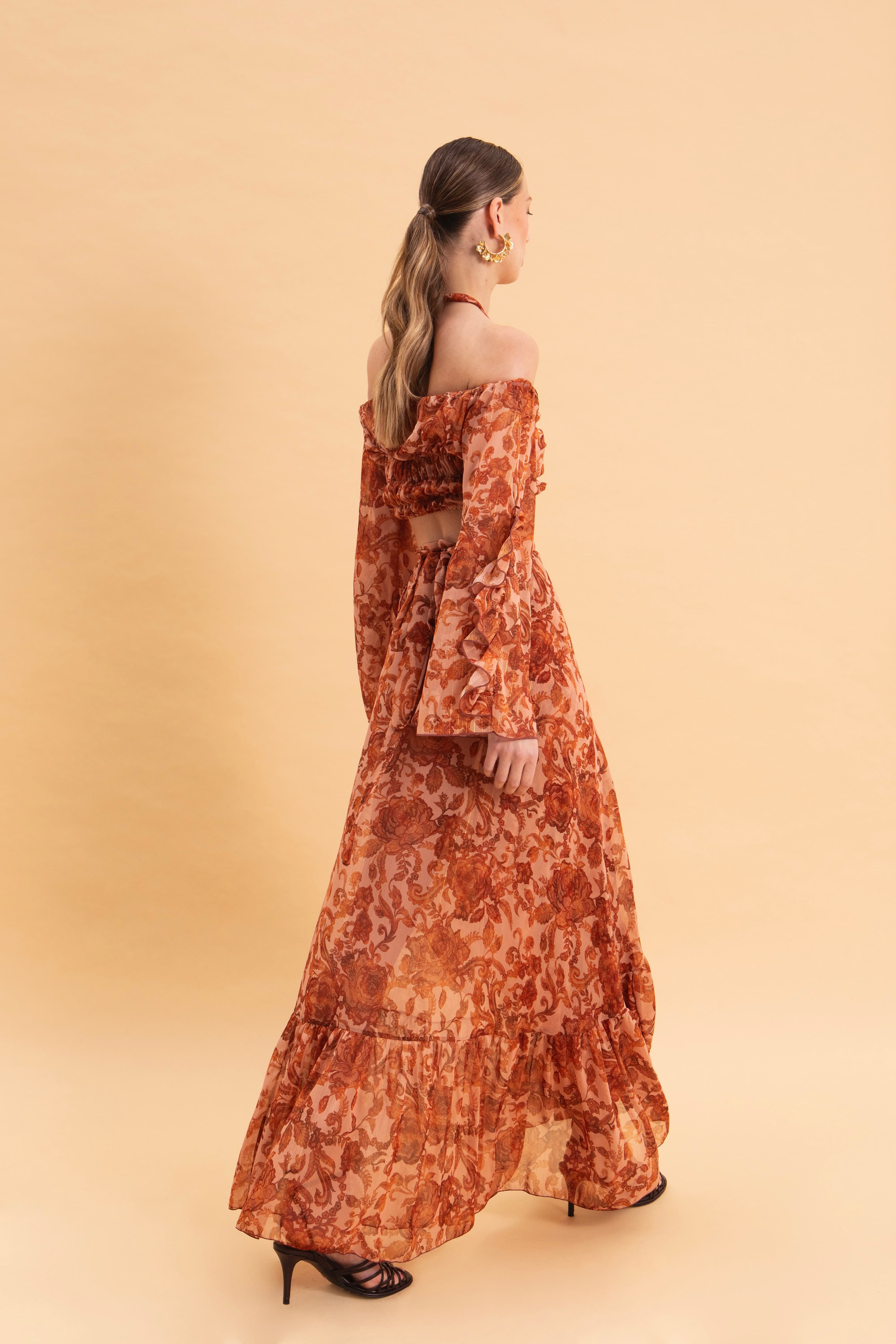 CINNAMON BLOOMS MAXI WRAP SKIRT WITH GOLD DETAILS