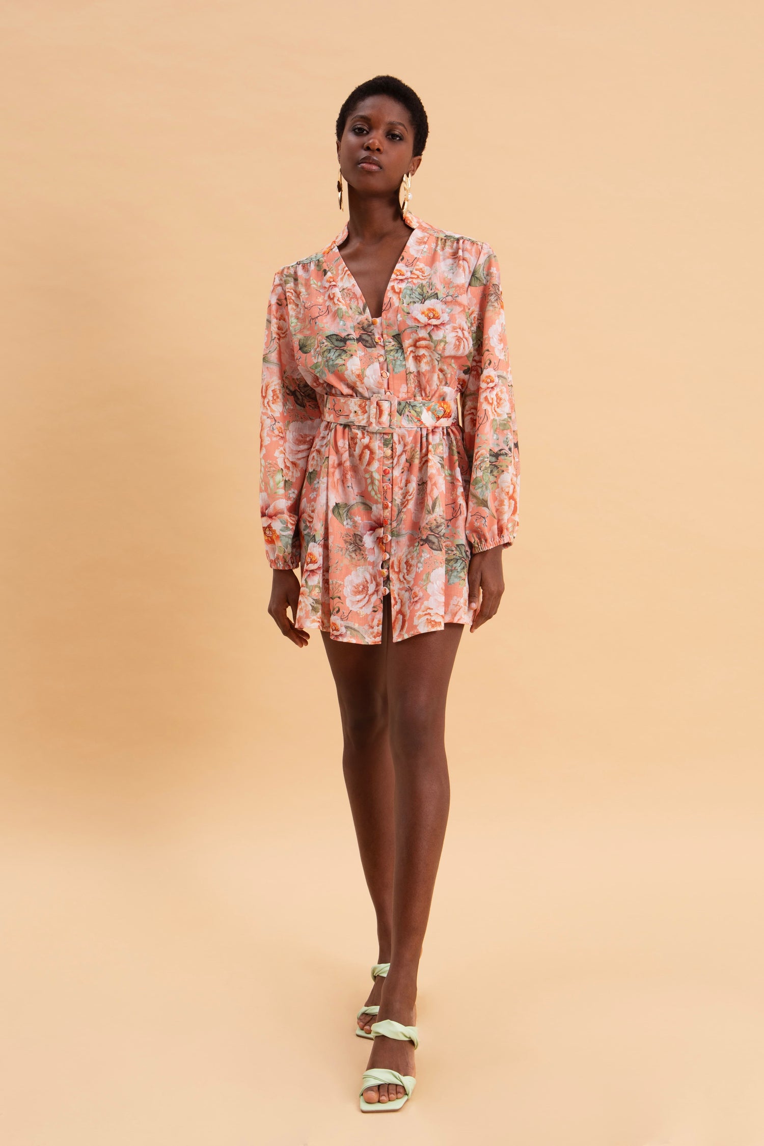 PEACH POETRY MINI LINEN DRESS WITH BELT