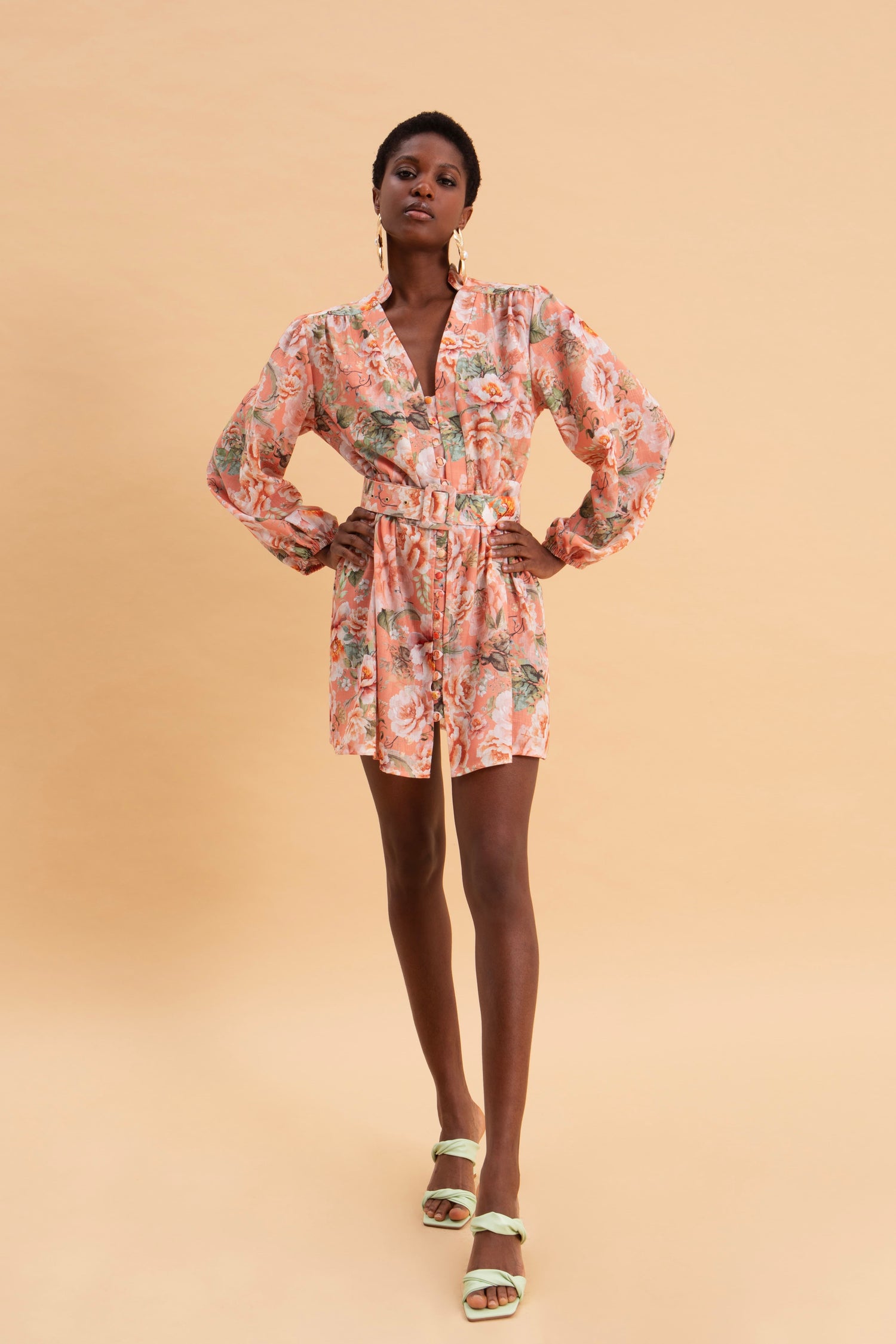 PEACH POETRY MINI LINEN DRESS WITH BELT