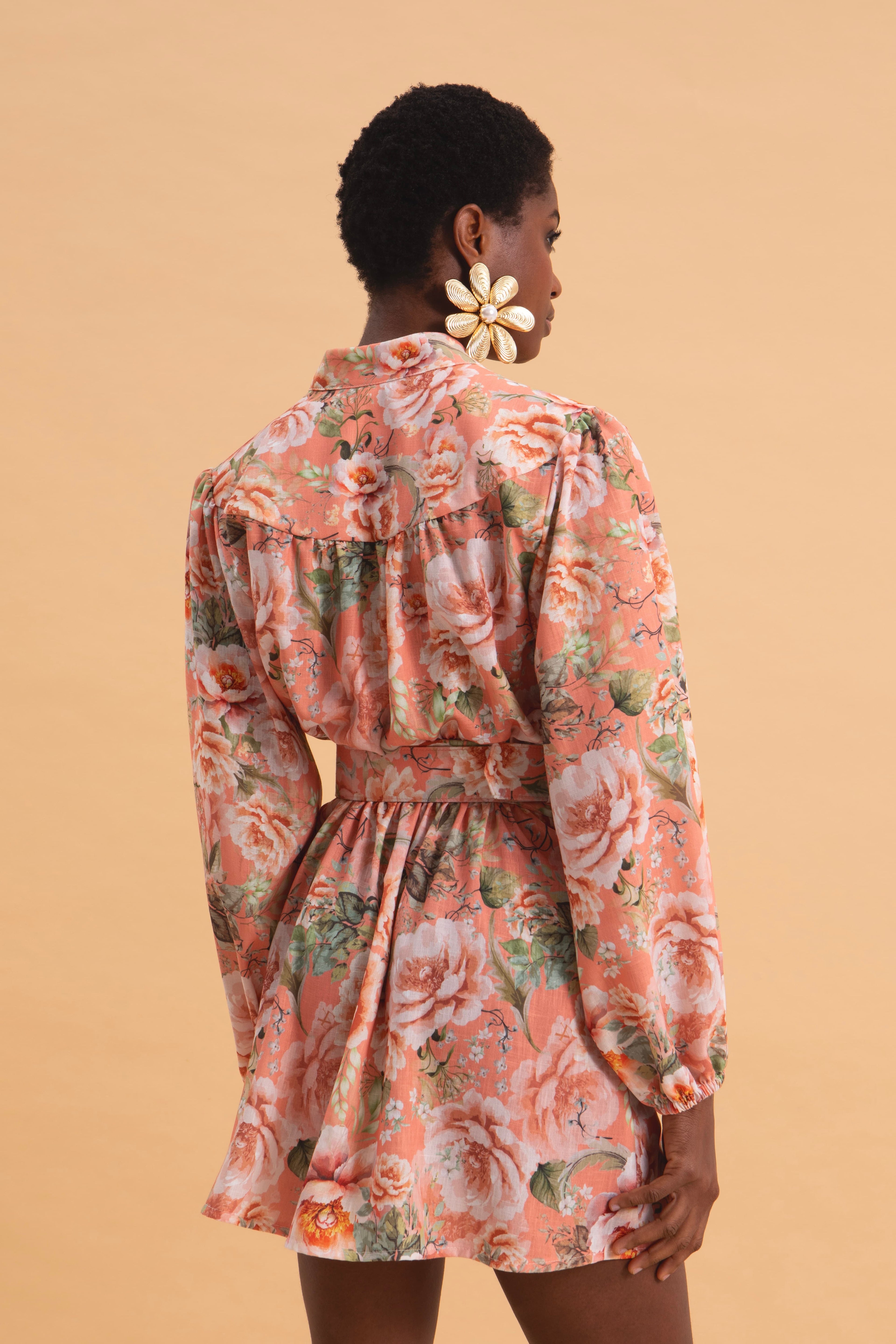 PEACH POETRY MINI LINEN DRESS WITH BELT