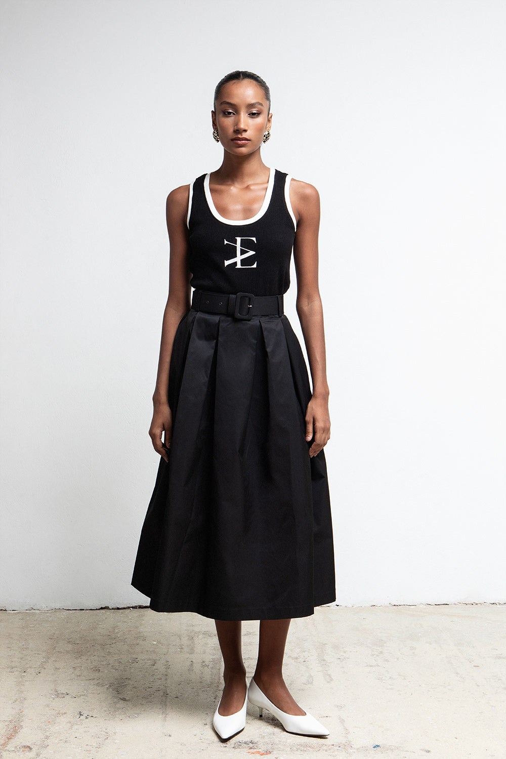 BLACK BELTED A LINE MIDI SKIRT