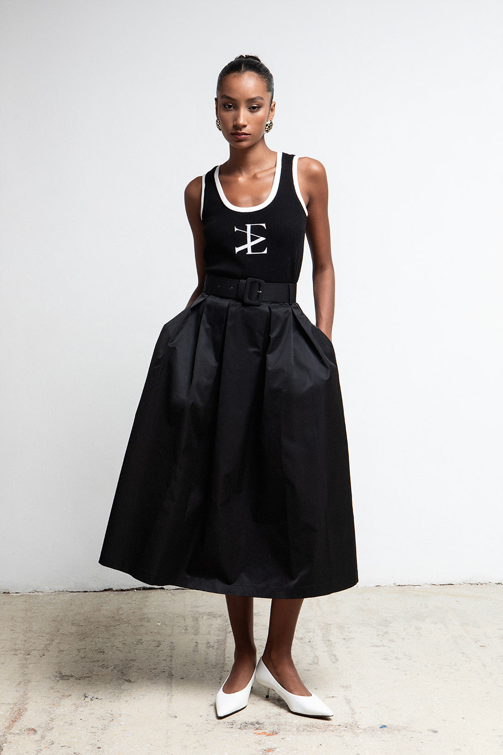 BLACK BELTED A LINE MIDI SKIRT