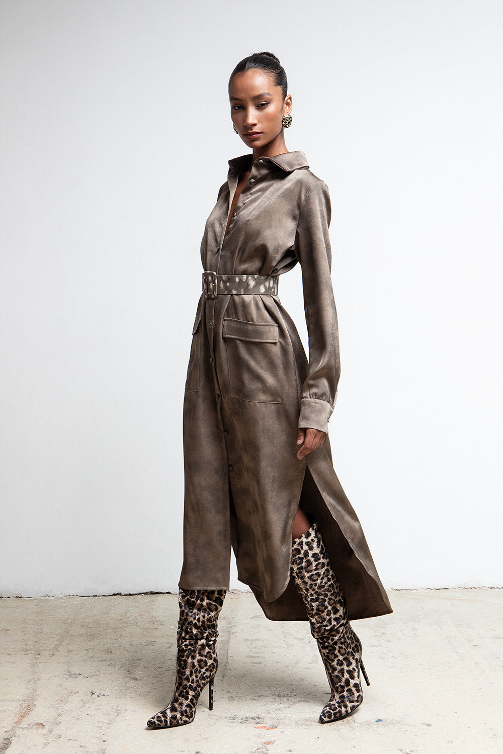TAUPE BELTED UTILITY SHIRTDRESS