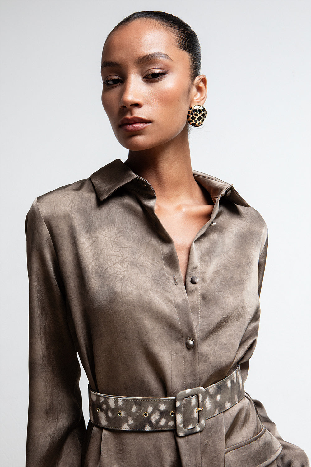 TAUPE BELTED UTILITY SHIRTDRESS