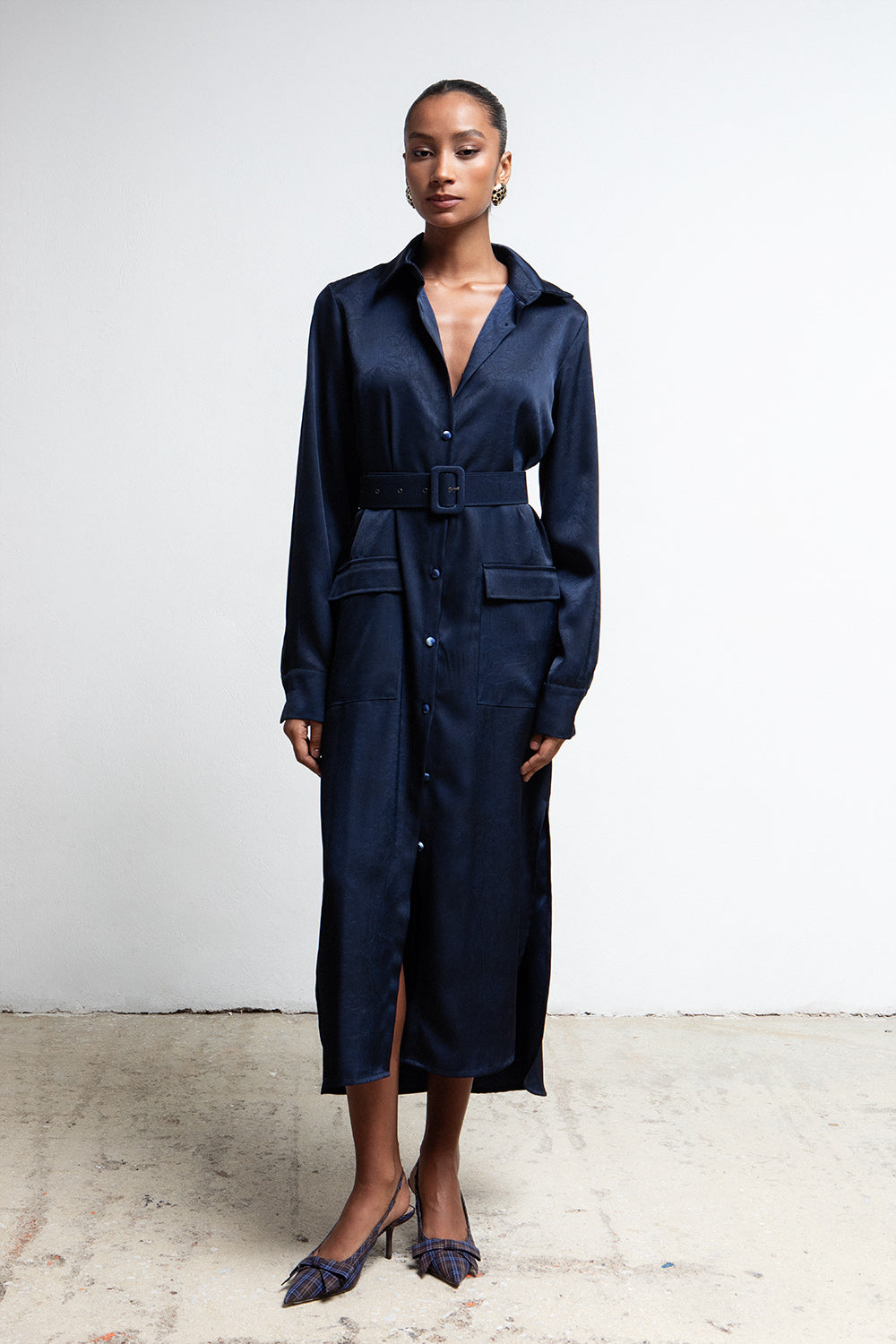 RICH NAVY BELTED UTILITY SHIRTDRESS