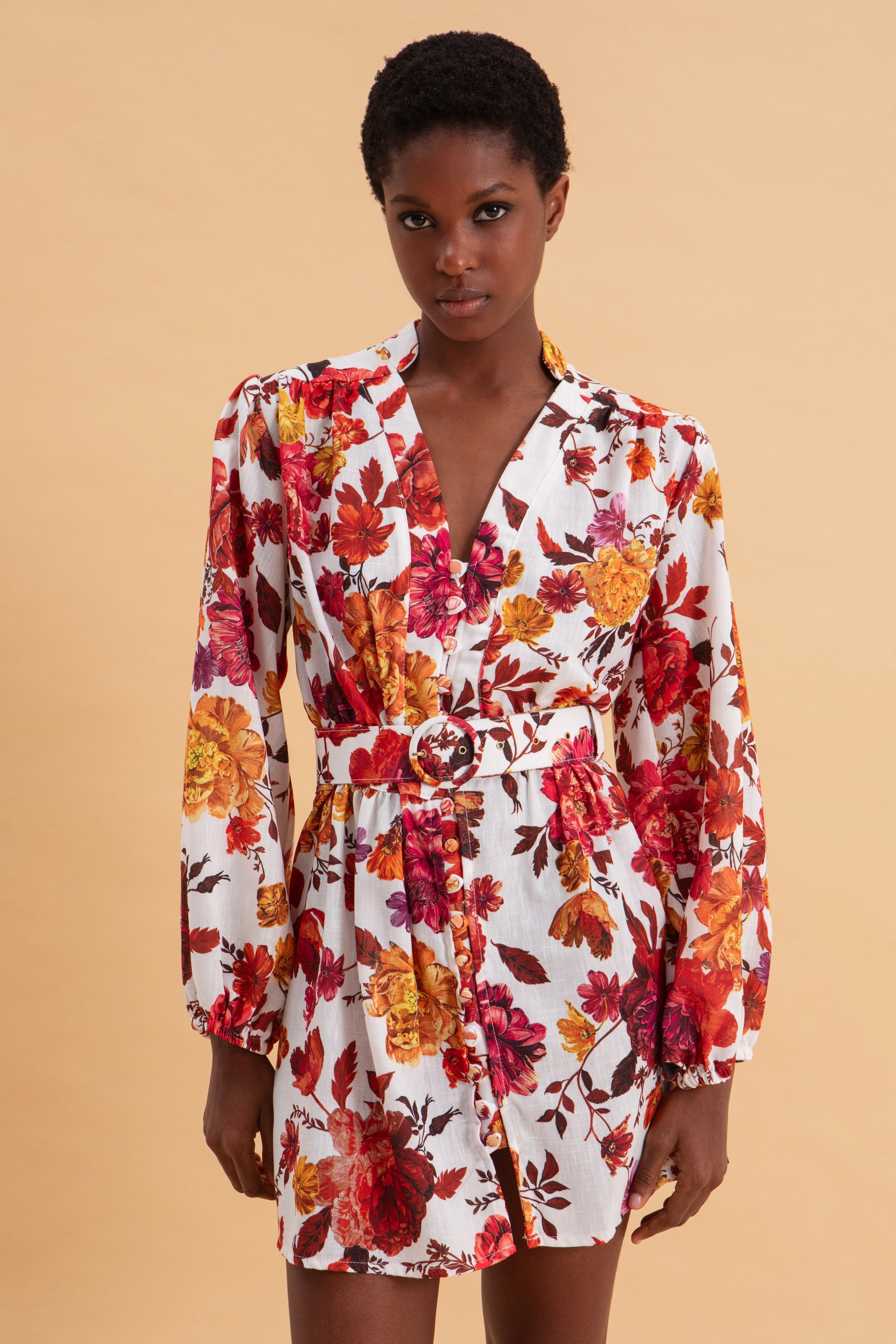 SPRING BOUQUET MINI LINEN DRESS WITH BELT