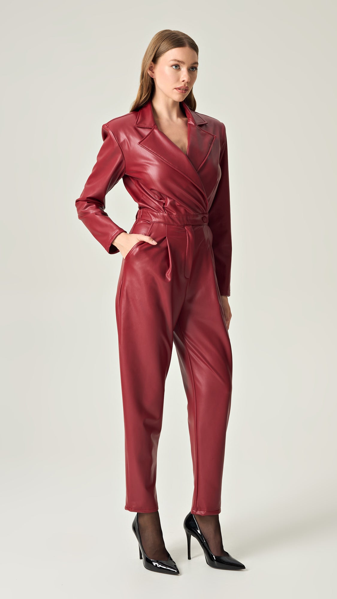 CHILI RED SOFT LEATHER JUMPSUIT
