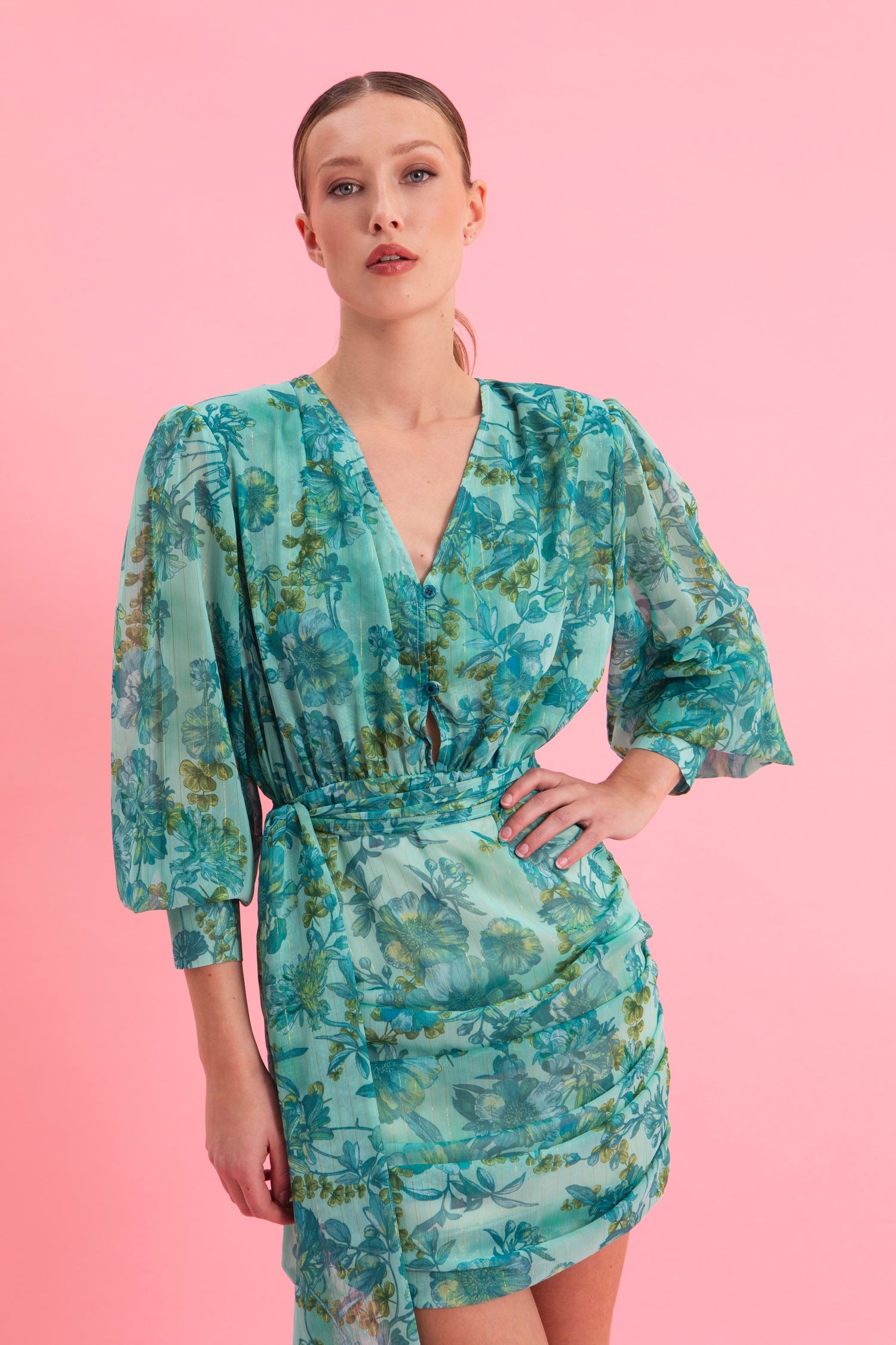 BOTANICAL BREEZE MINI DRESS WITH GOLD DETAILS