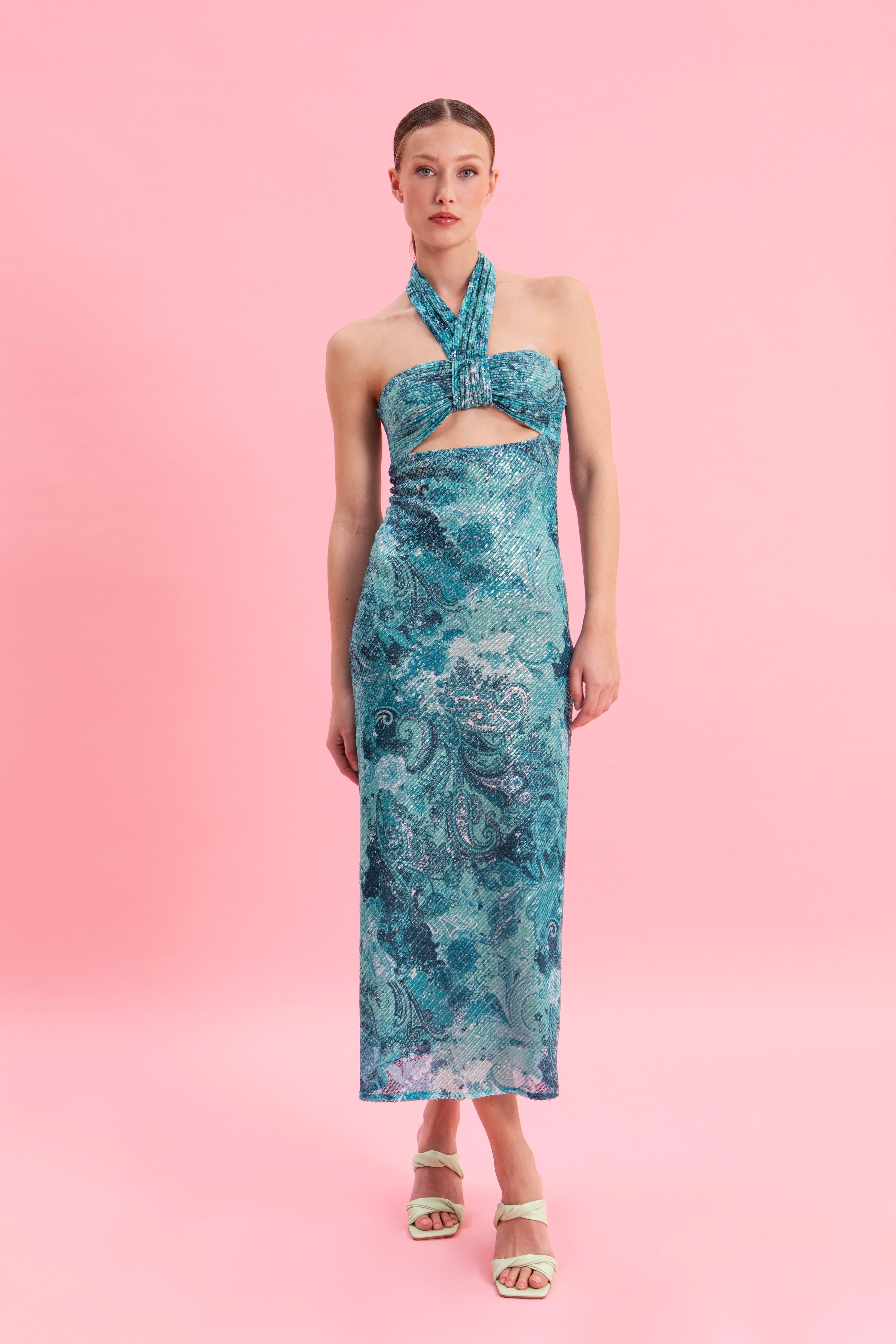 PAISLEY WAVES MIDI SEQUINED DRESS