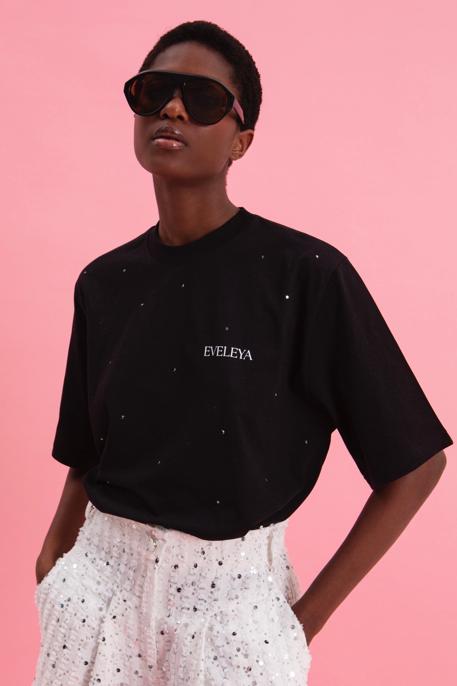 EVELEYA 100% COTTON STRASS SPARKLE T-SHIRT