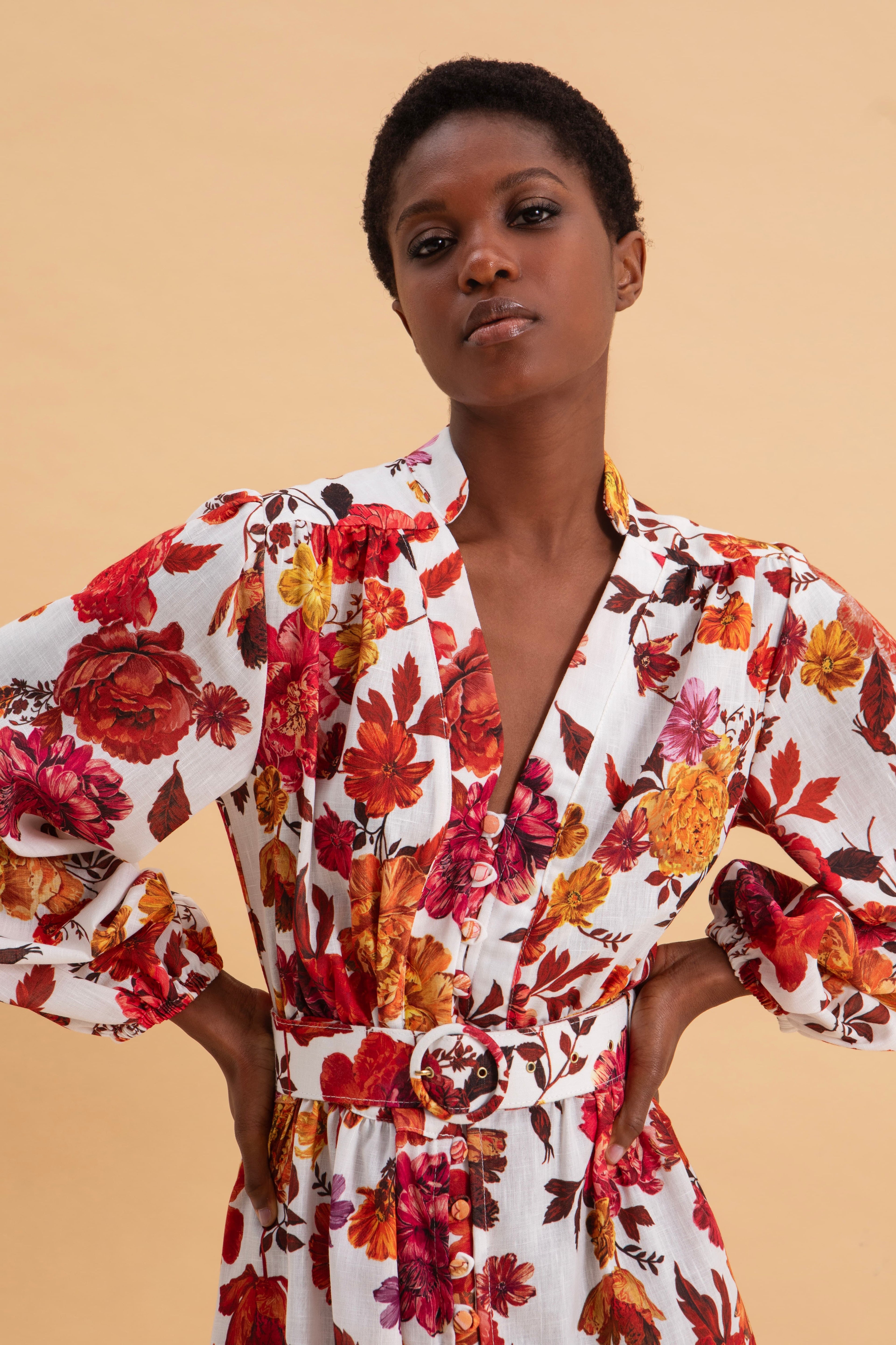 SPRING BOUQUET MINI LINEN DRESS WITH BELT