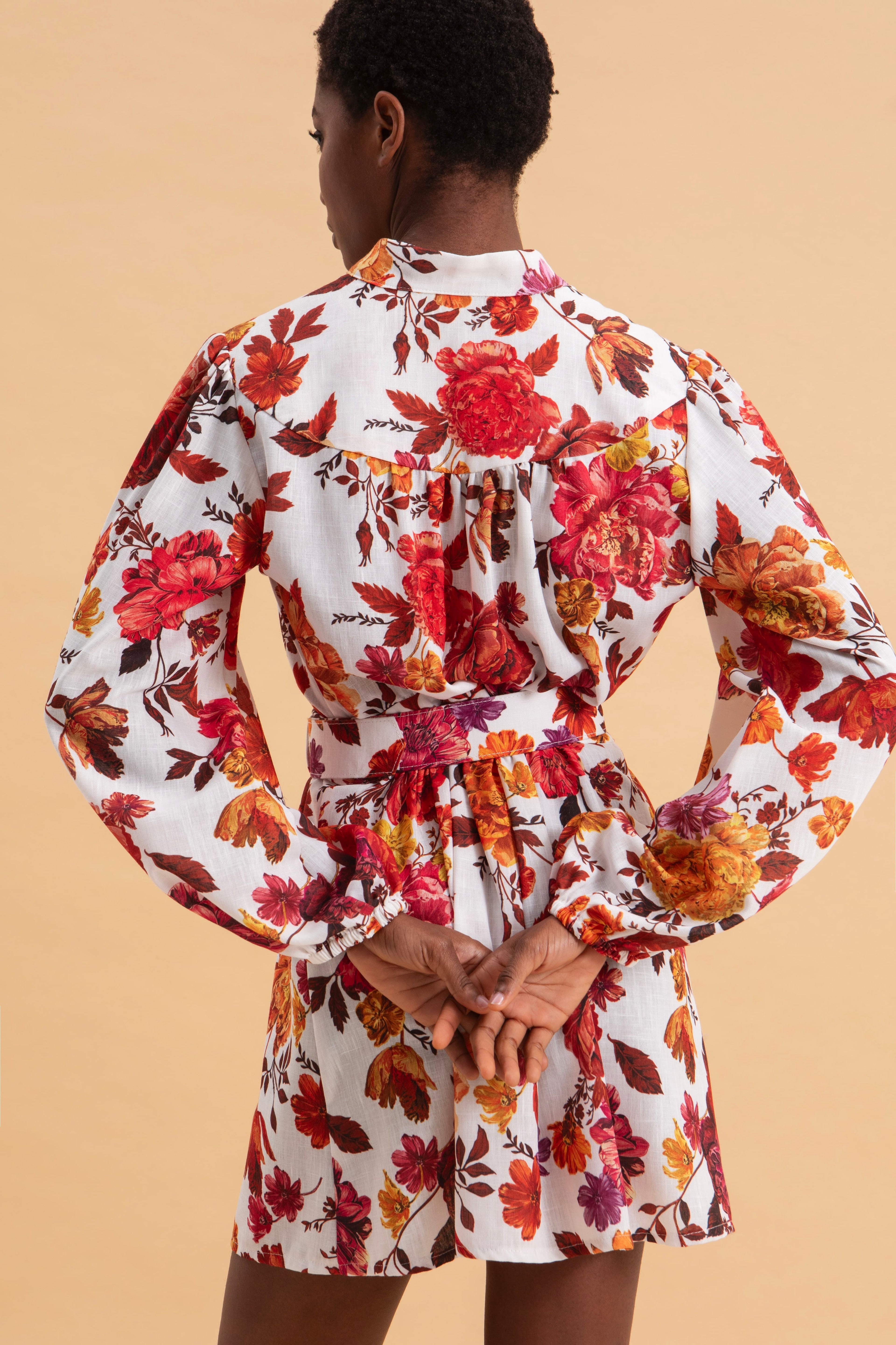 SPRING BOUQUET MINI LINEN DRESS WITH BELT