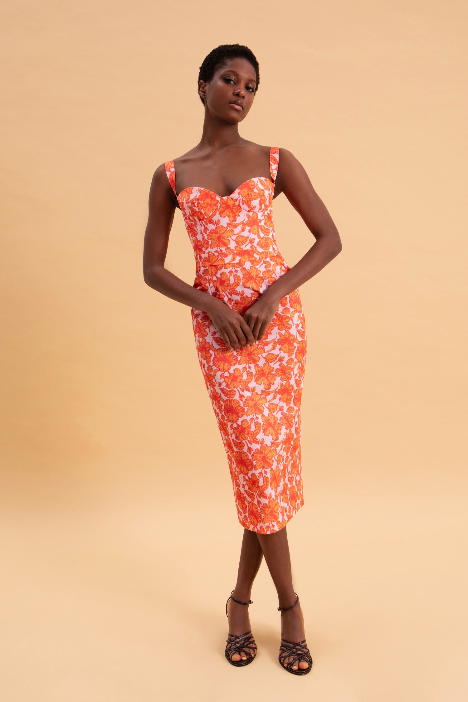 CORAL HIBISCUS MIDI 100% COTTON DRESS