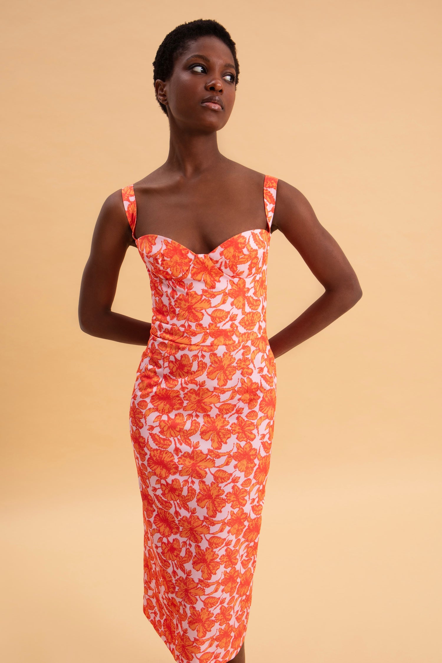 CORAL HIBISCUS MIDI 100% COTTON DRESS