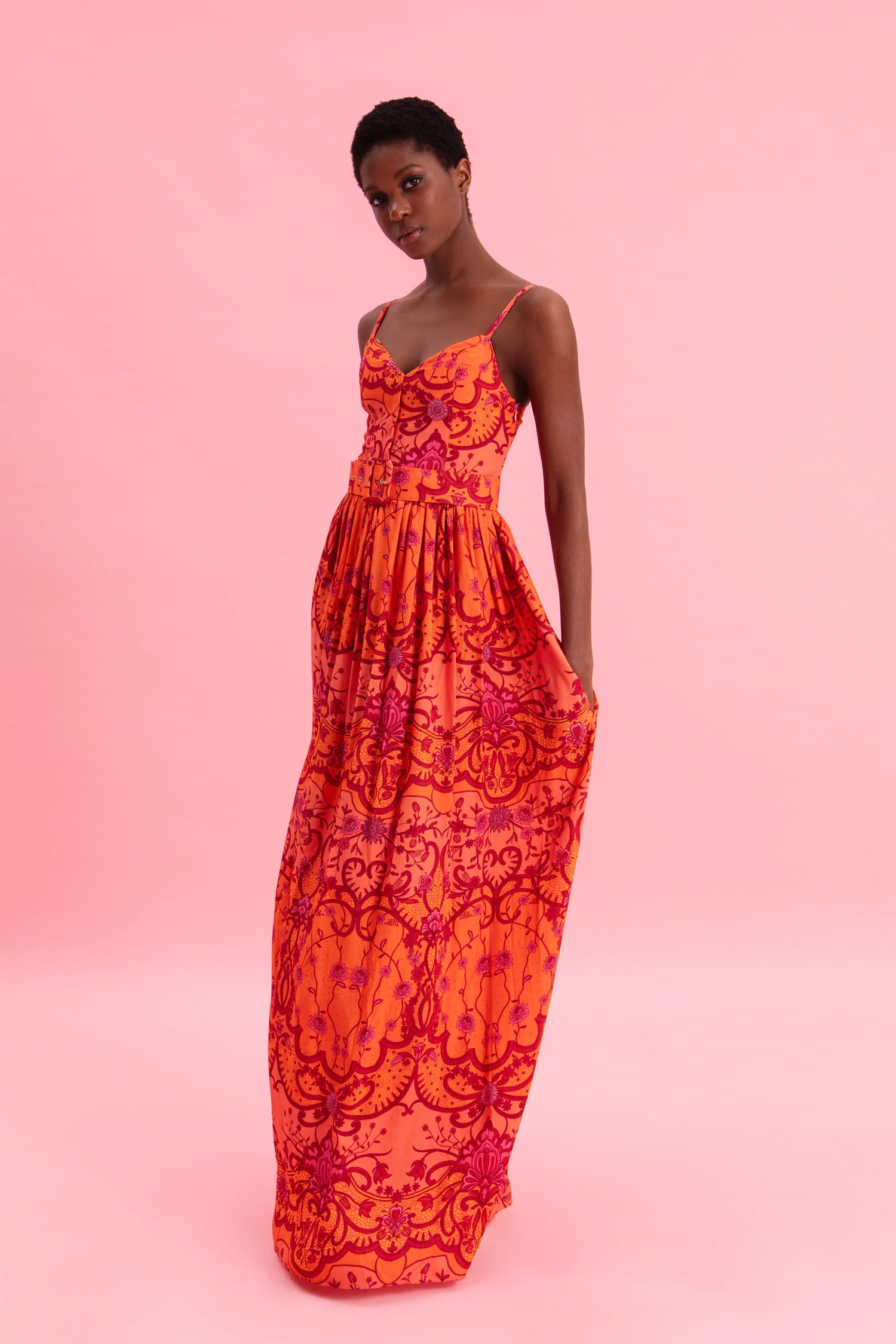 AMBER WAVES 100% VISCOSE MAXI DRESS WITH BELT