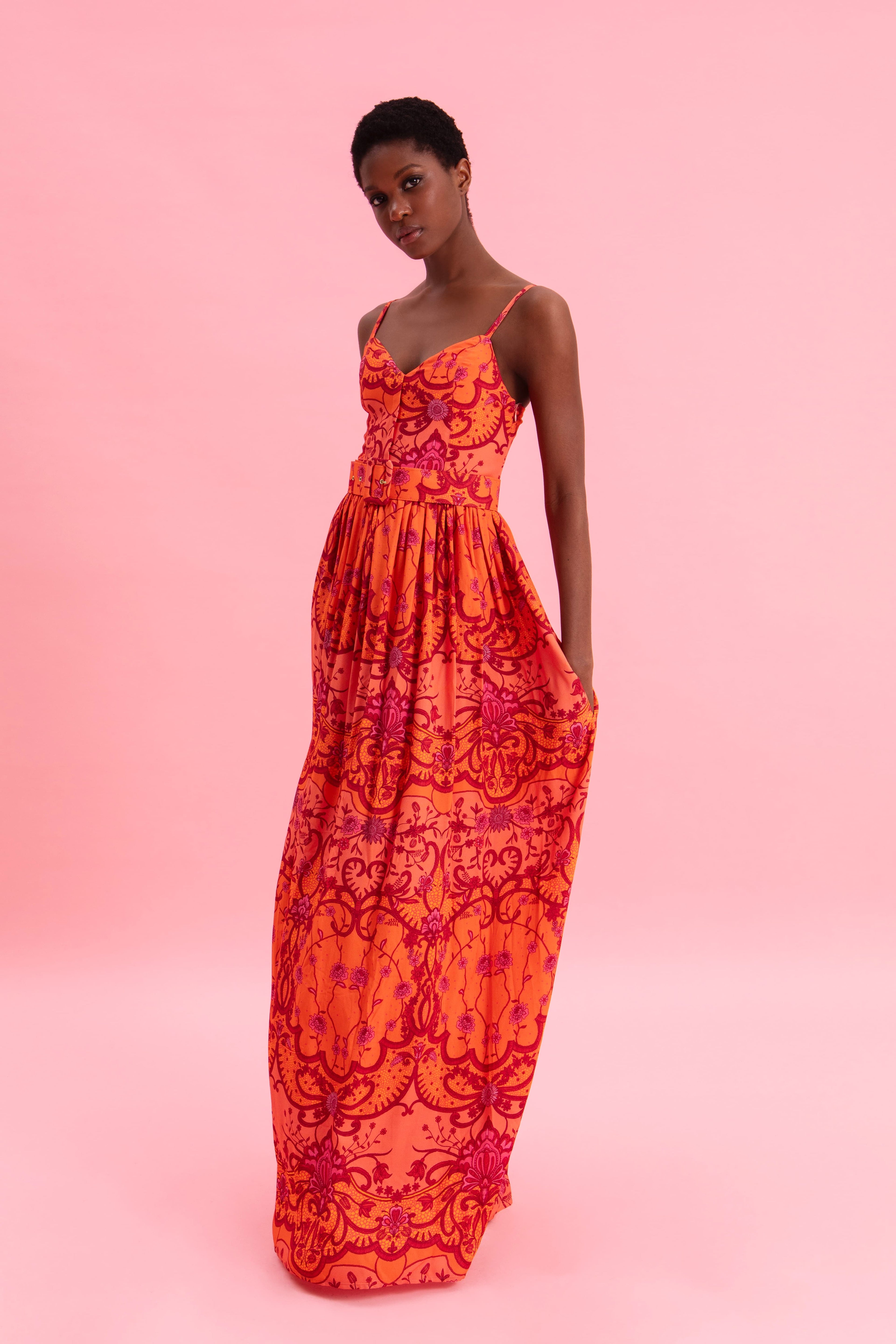 AMBER WAVES 100% VISCOSE MAXI DRESS WITH BELT