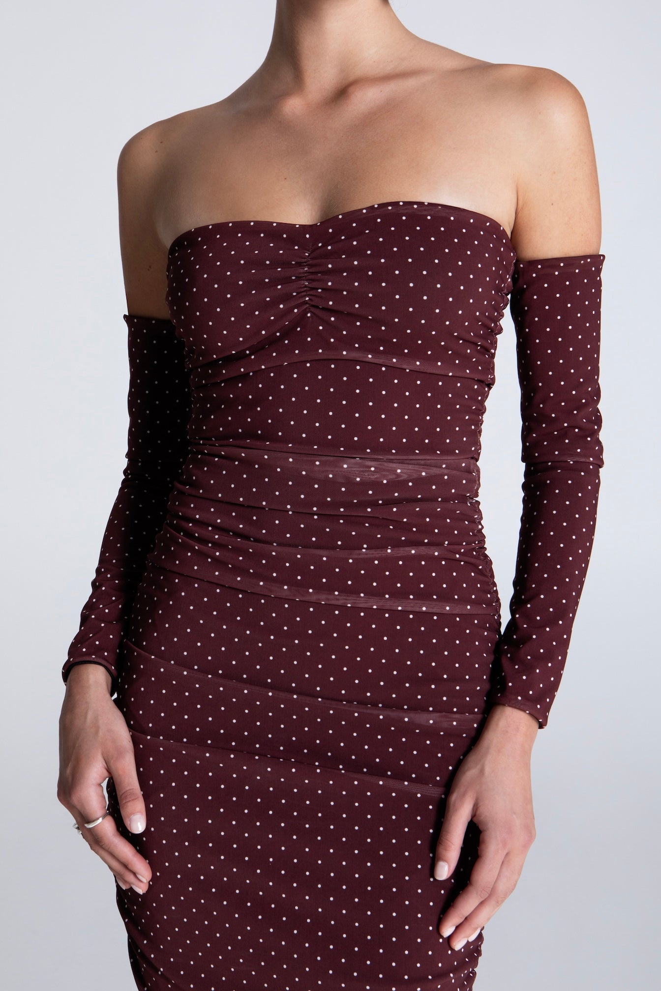 BURGUNDY POLKA DOTS MINI MESH DRESS
