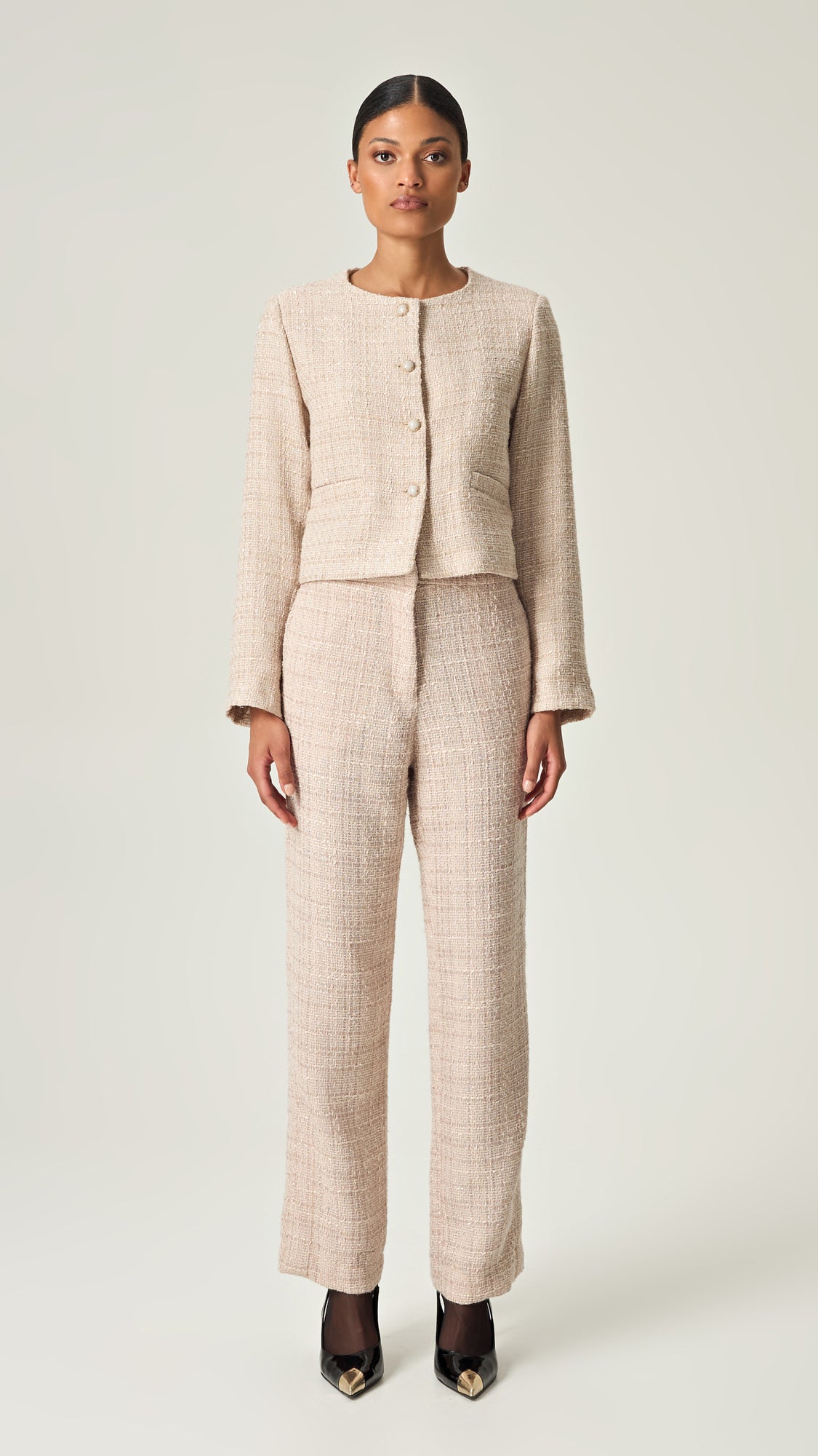 IVORY SOPHISTICATION HIGH WAISTED TWEED PANTS