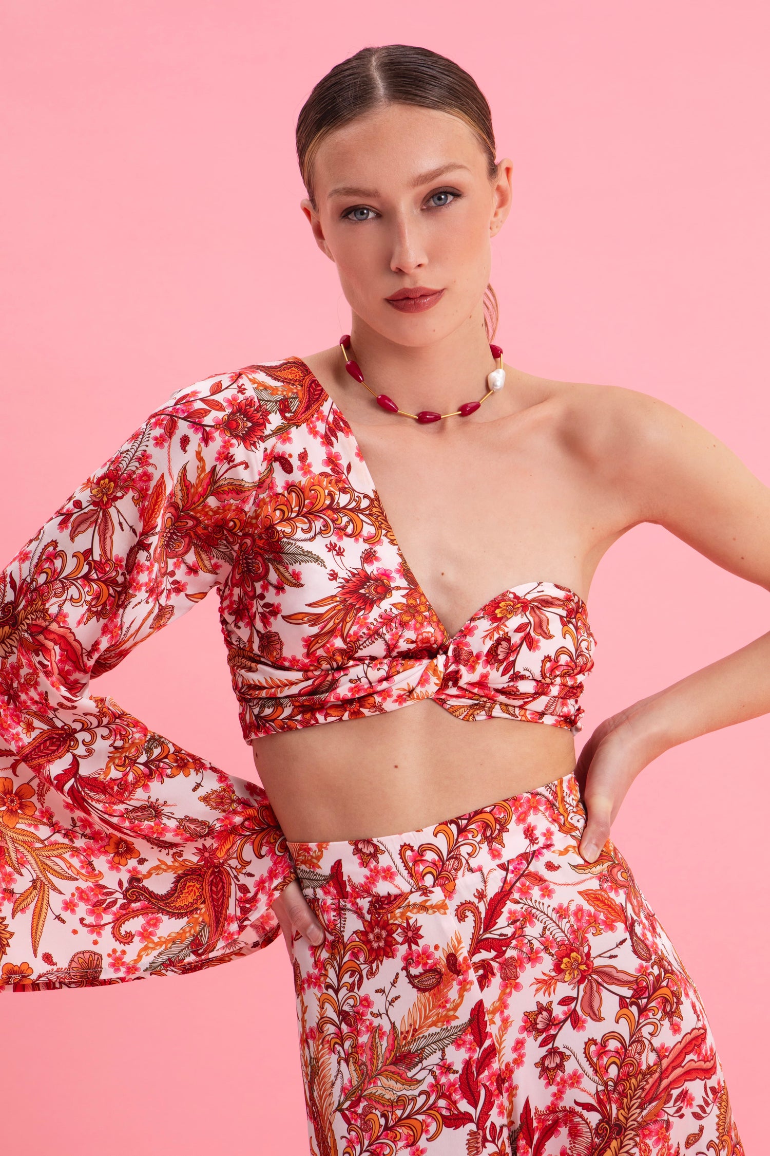 RUSTIC ROMANCE ONE SHOULDER SATIN TOP