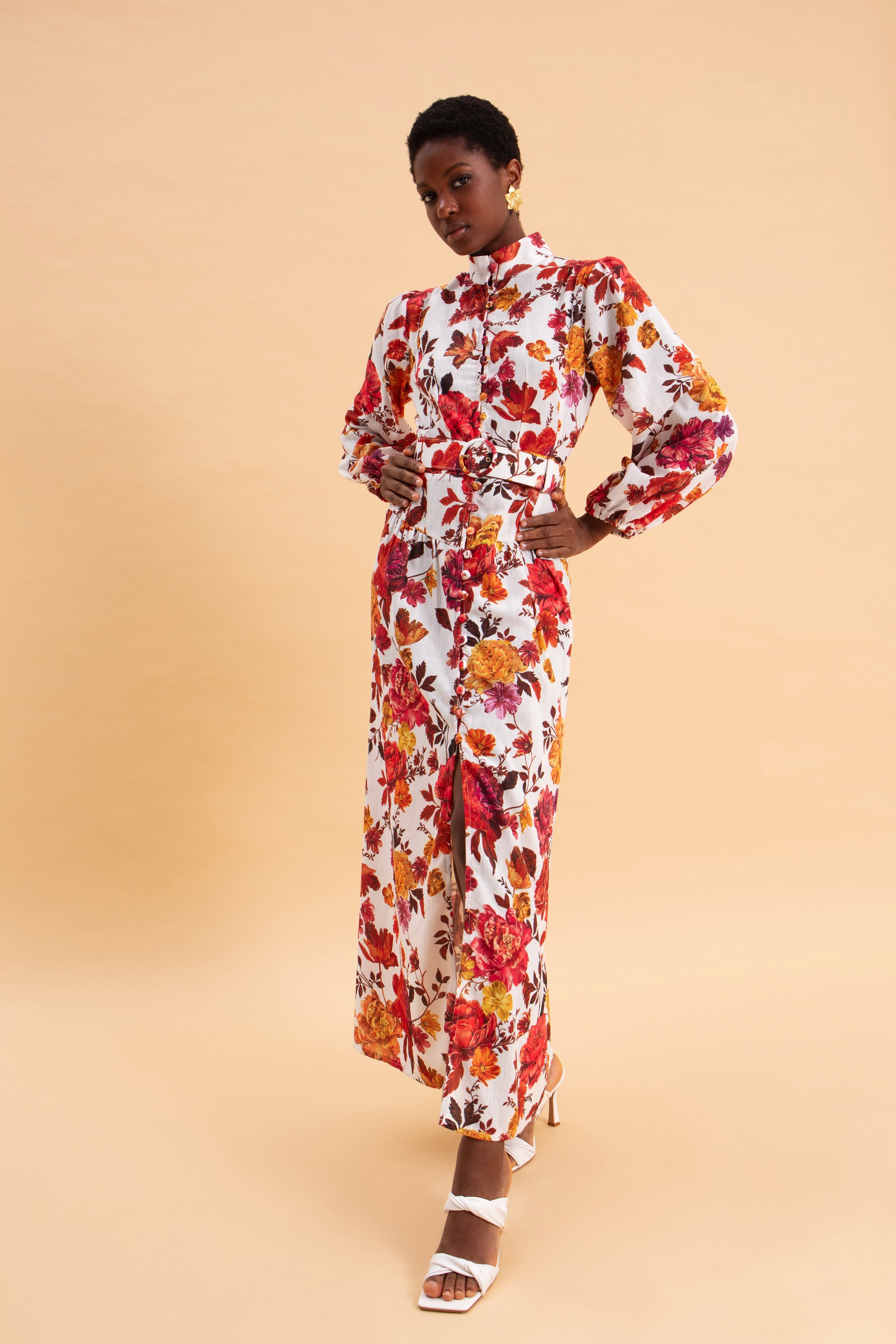 SPRING BOUQUET MIDI LINEN DRESS WITH BELT