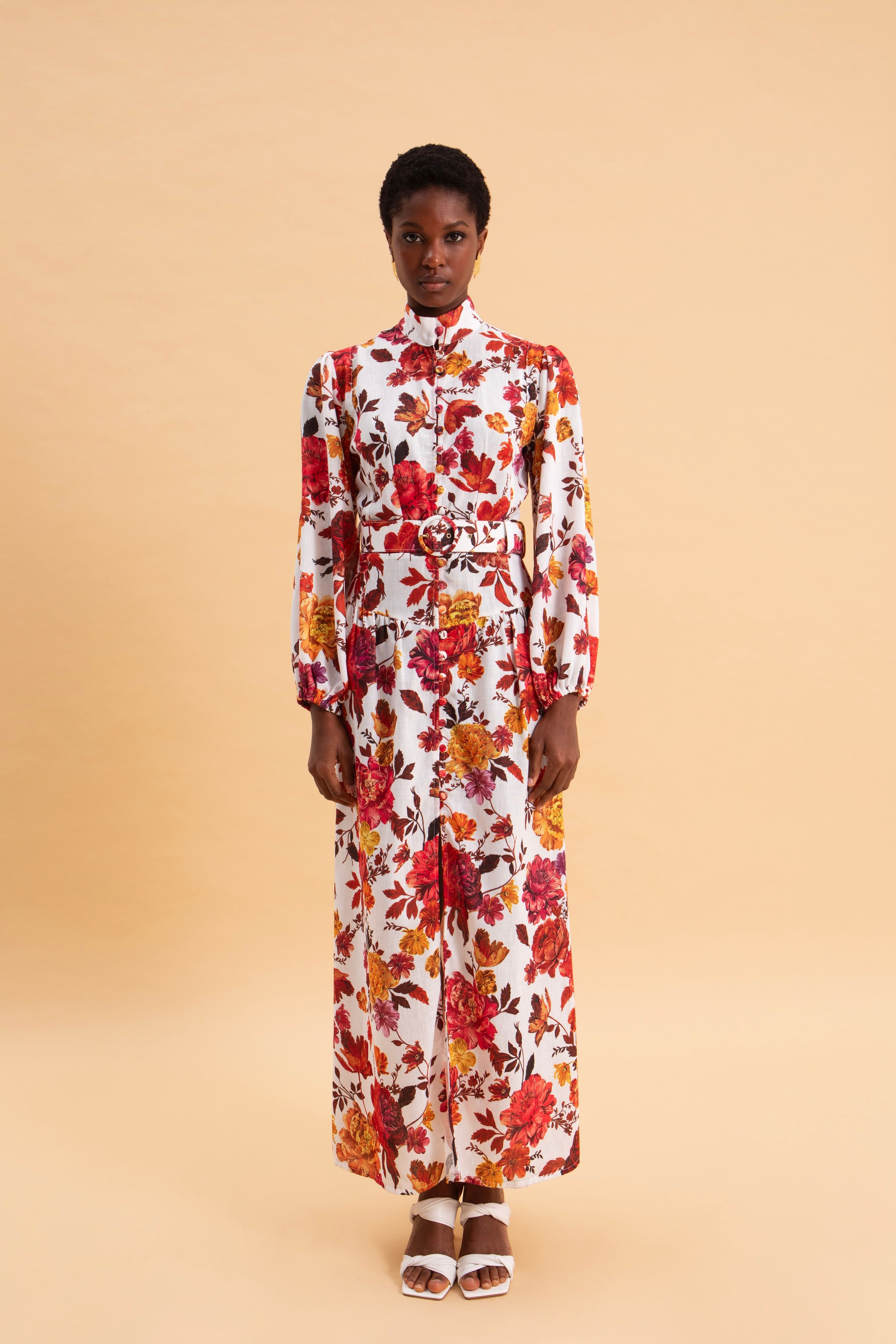 SPRING BOUQUET MIDI LINEN DRESS WITH BELT