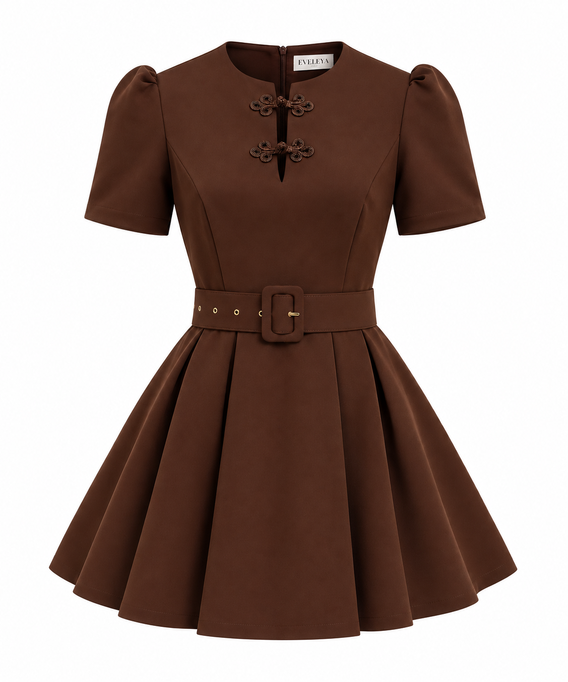 ELODIE CHOCOLATE BROWN PUFF SLEEVE FLARE MINI DRESS