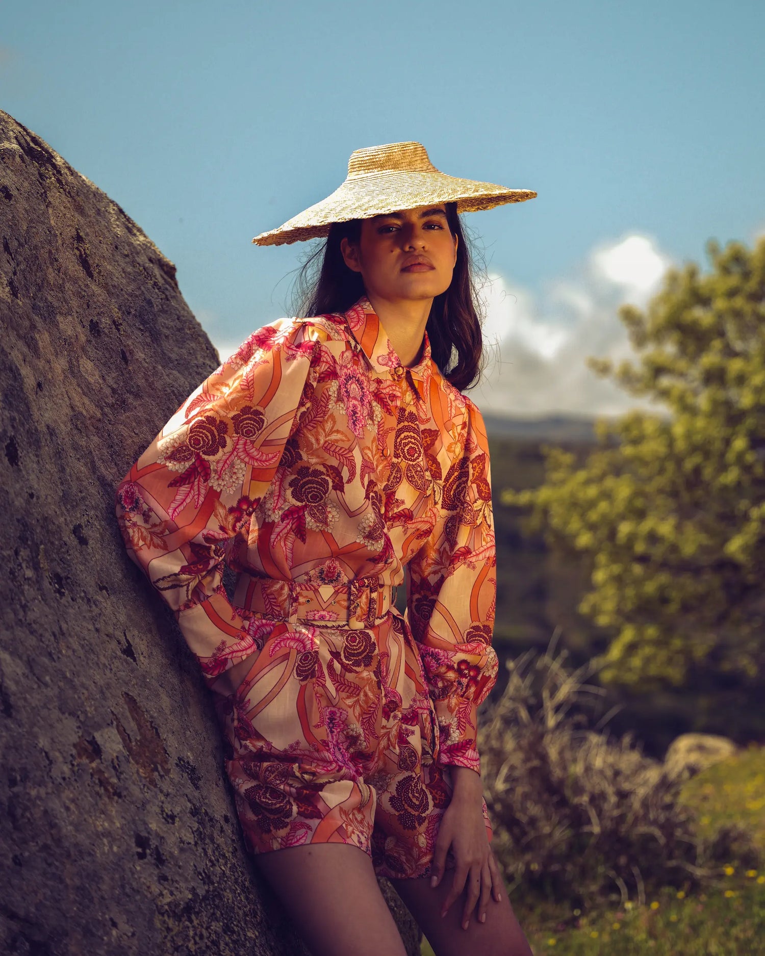 FLORAL SAFARI HIGH WAISTED LINEN SHORTS WITH BELT