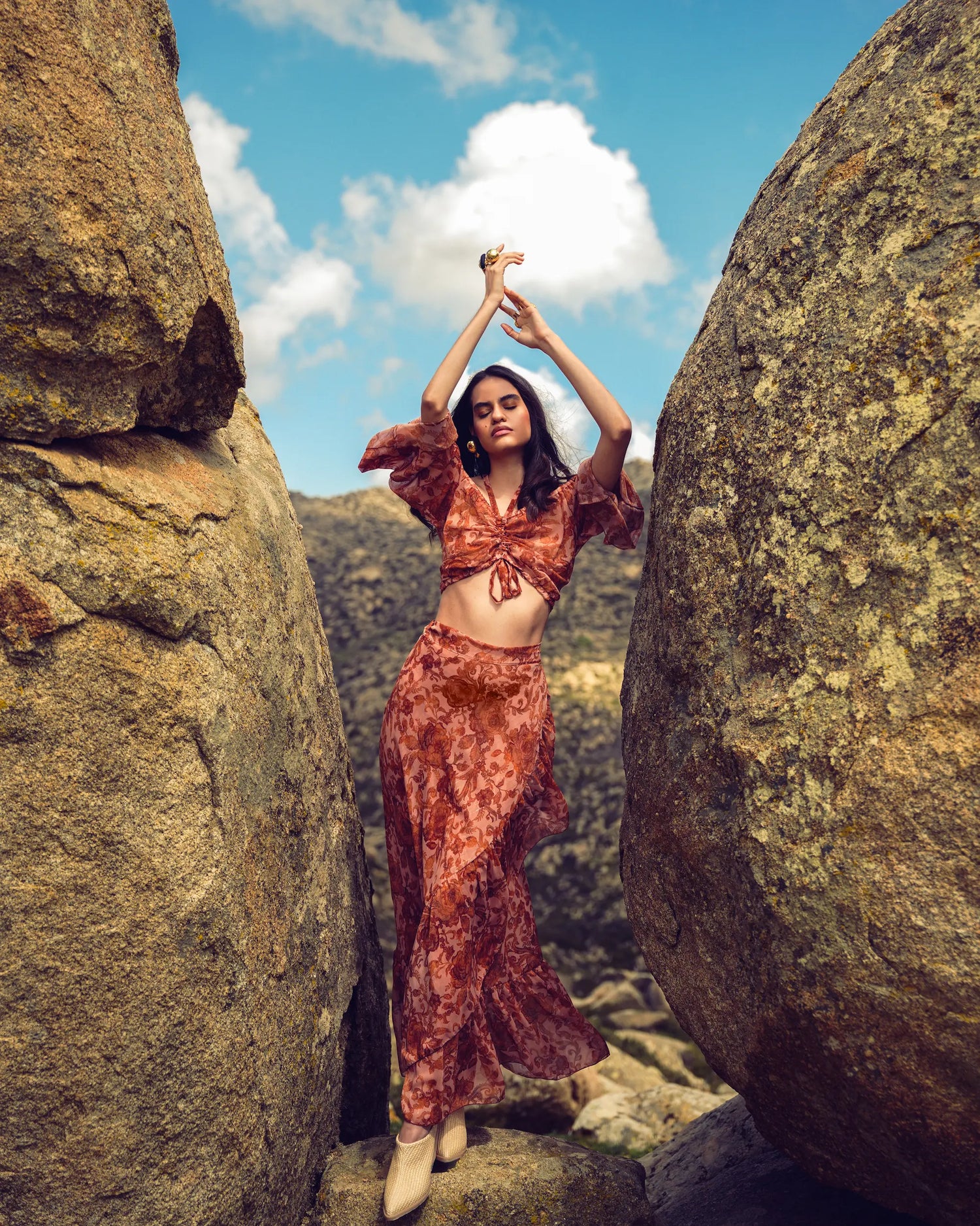 CINNAMON BLOOMS MAXI WRAP SKIRT WITH GOLD DETAILS