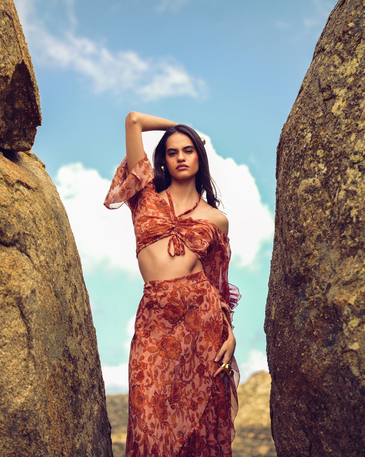 CINNAMON BLOOMS MAXI WRAP SKIRT WITH GOLD DETAILS