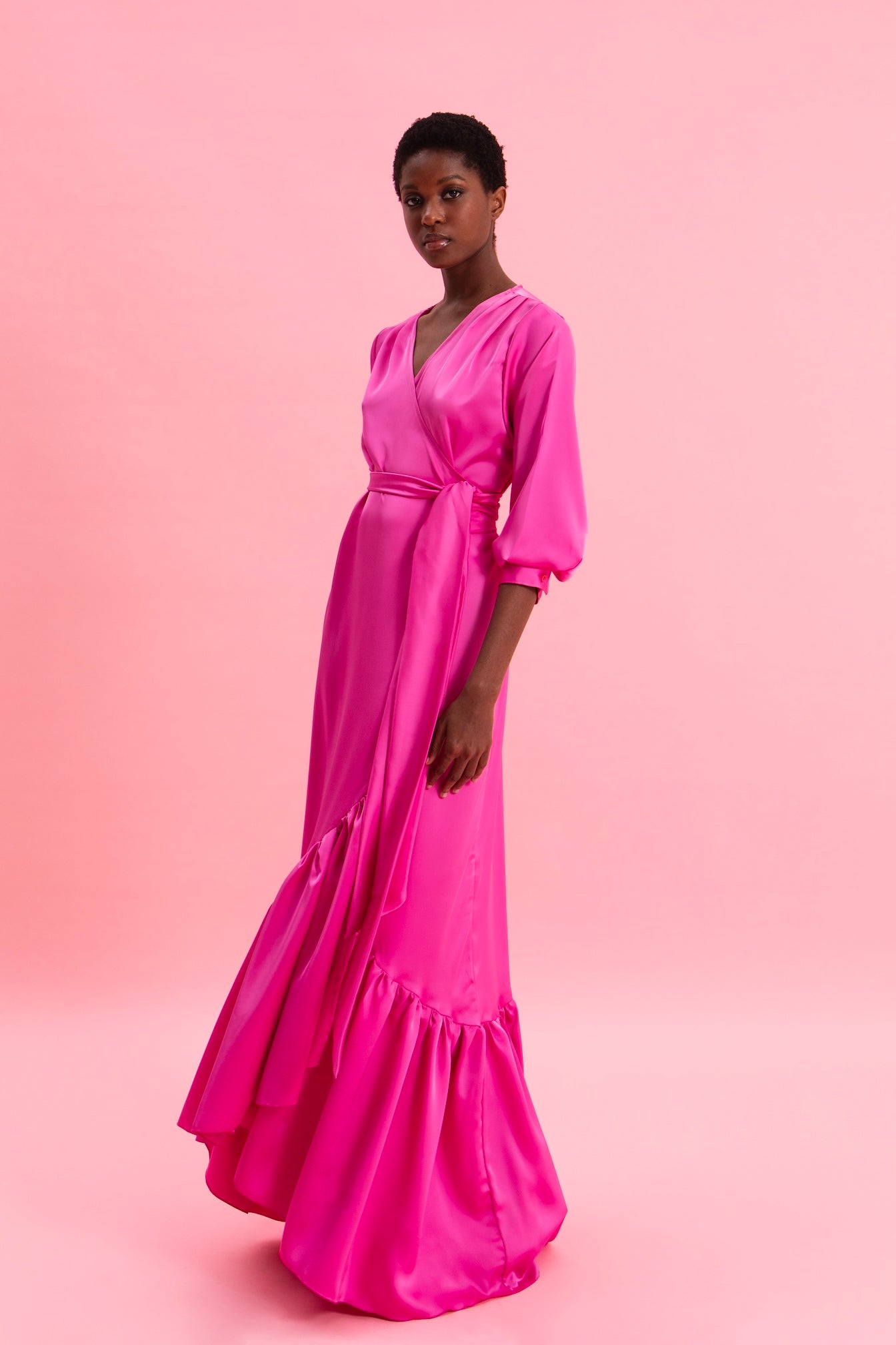 PINK CASCADE SATIN WRAP DRESS