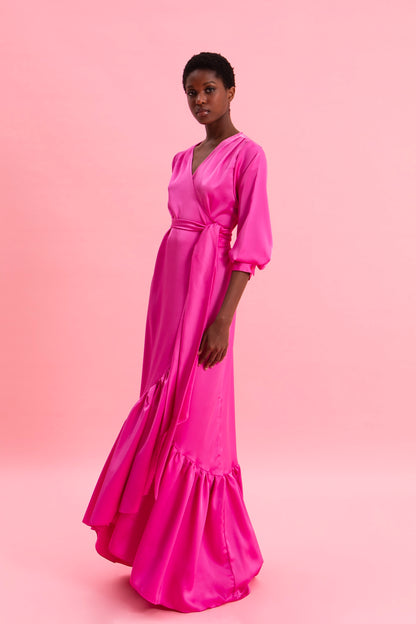 PINK CASCADE SATIN WRAP DRESS
