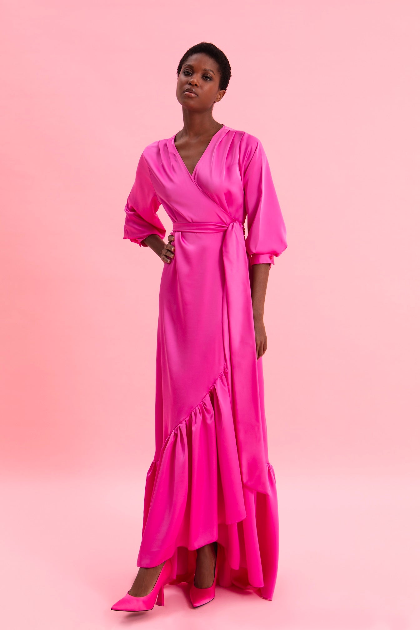 PINK CASCADE SATIN WRAP DRESS