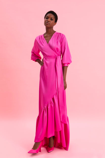 PINK CASCADE SATIN WRAP DRESS
