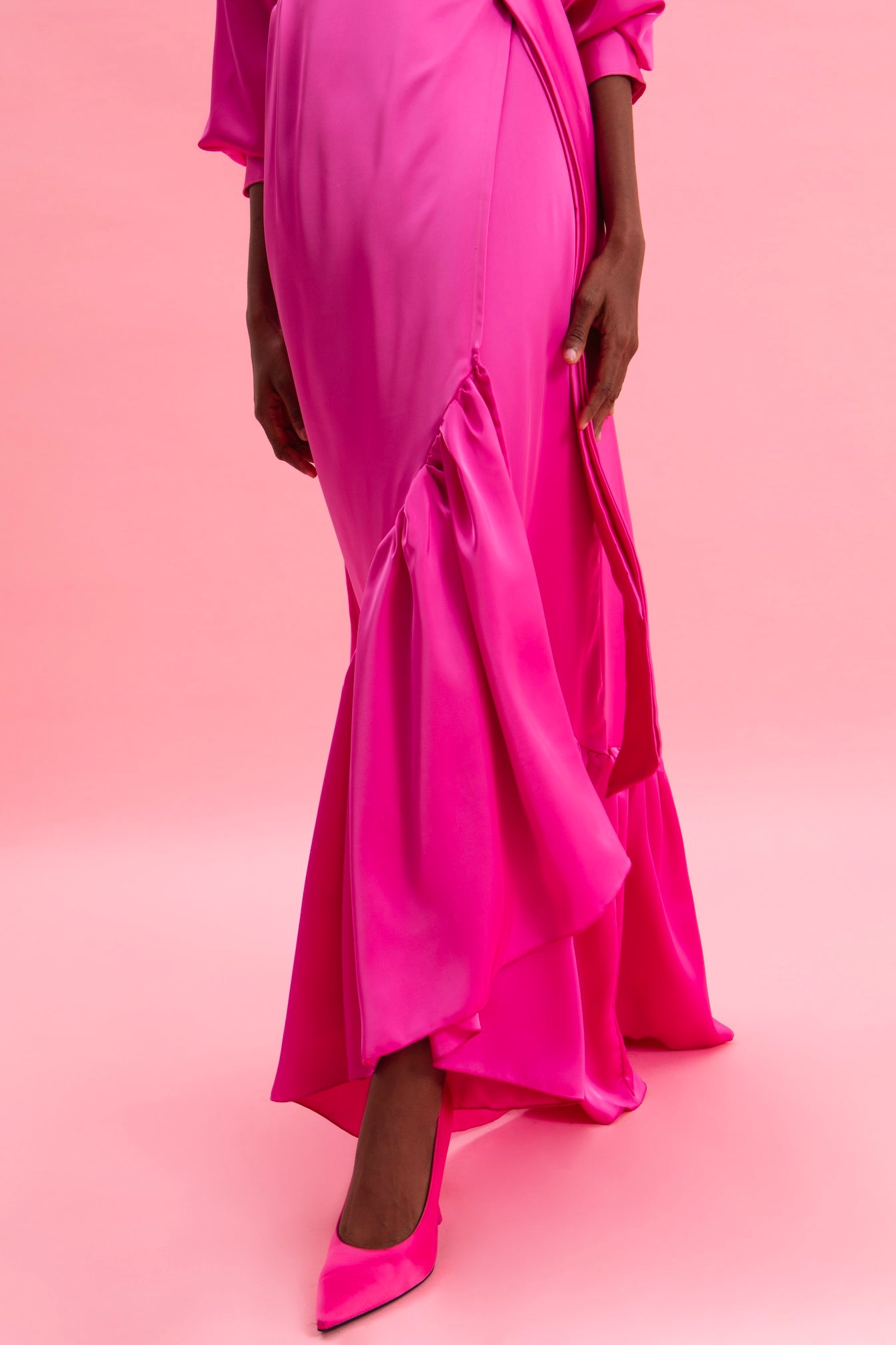 PINK CASCADE SATIN WRAP DRESS