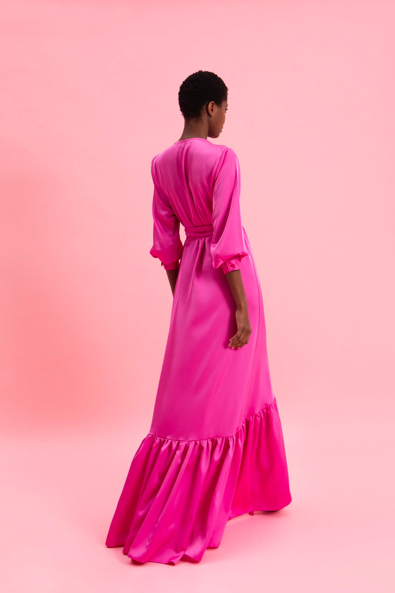 PINK CASCADE SATIN WRAP DRESS