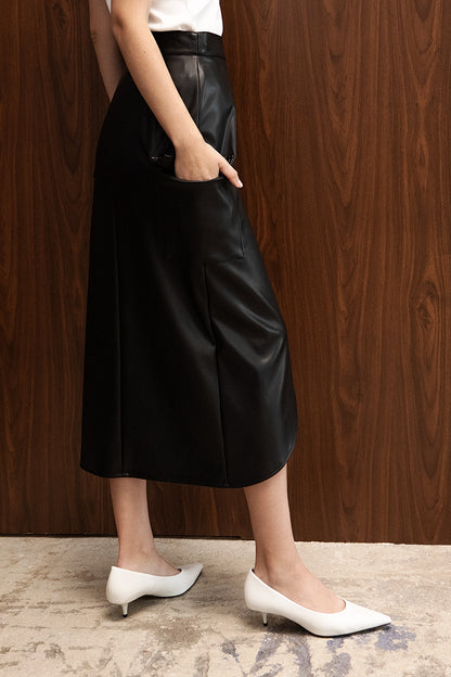 BLACK FAUX LEATHER MIDI WRAP SKIRT