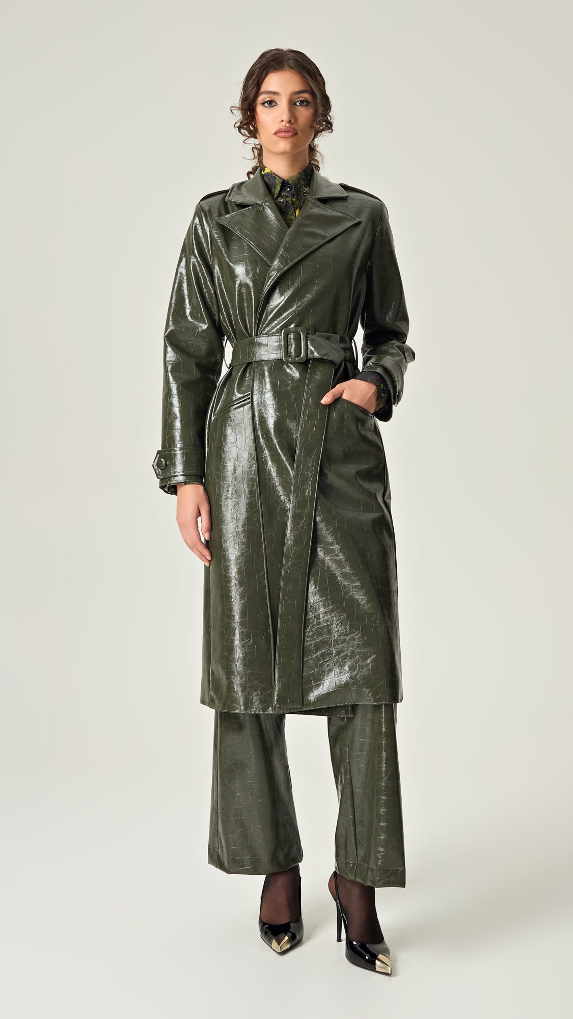 EMERALD ALLURE CROCO LEATHER TRENCH COAT