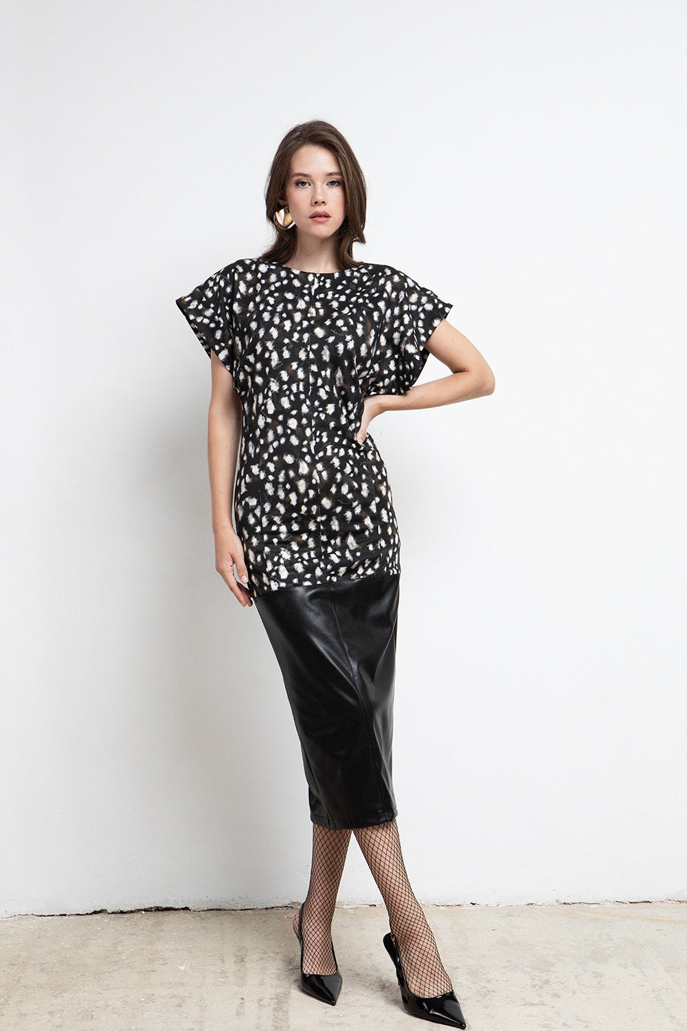 BLACK BAMBI PRINT FAUX LEATHER MIDI DRESS