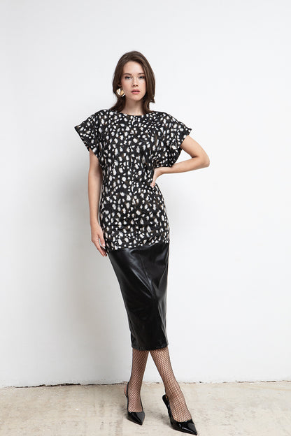 BLACK BAMBI PRINT FAUX LEATHER MIDI DRESS