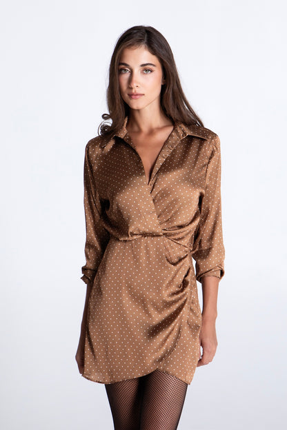 CARAMEL POLKA DOTS MINI SATIN DRESS
