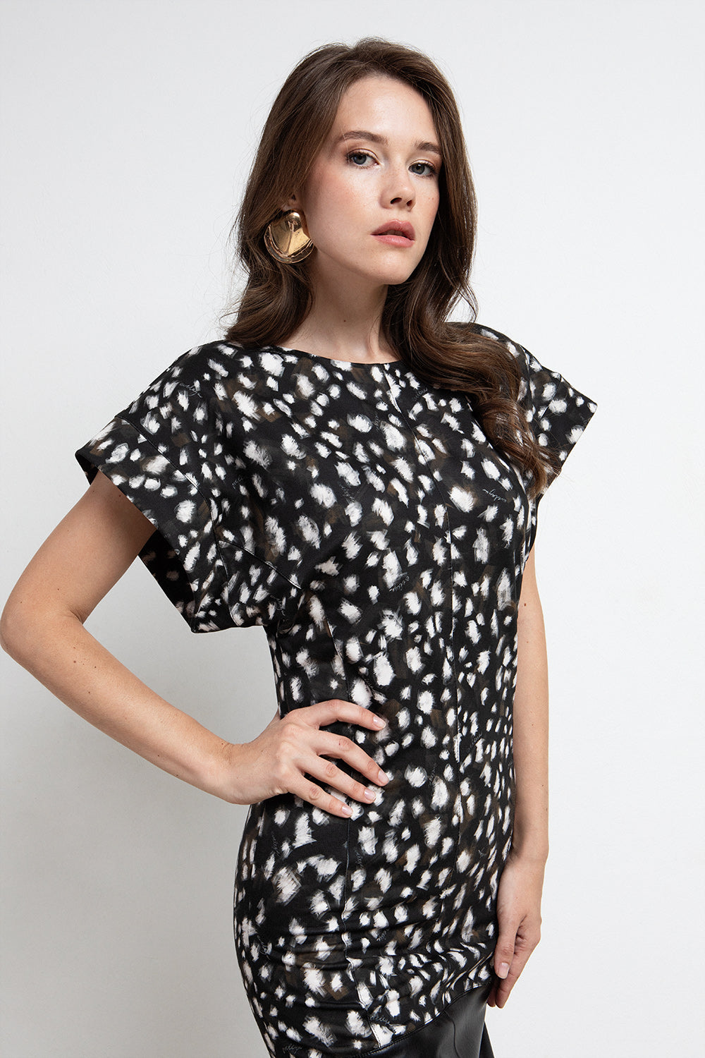BLACK BAMBI PRINT FAUX LEATHER MIDI DRESS