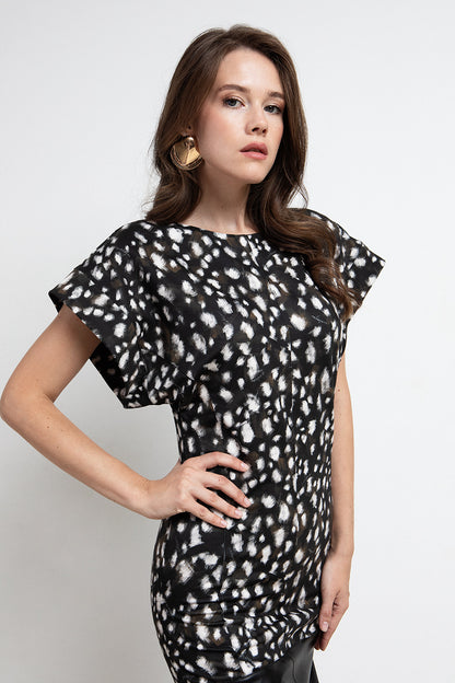 BLACK BAMBI PRINT FAUX LEATHER MIDI DRESS