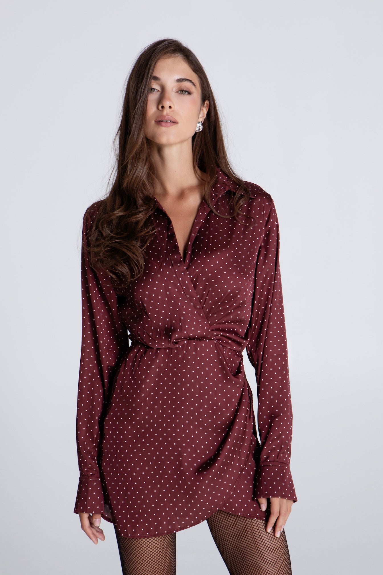 CARAMEL POLKA DOTS MINI SATIN DRESS